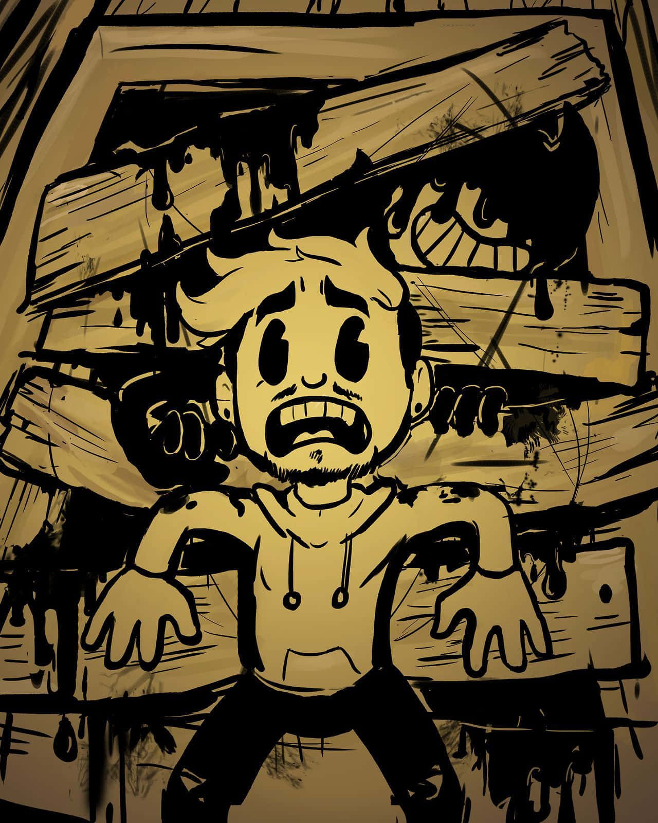 Bendy, monstrous eye, sepia-toned horror scene, HD Phone Wallpaper
