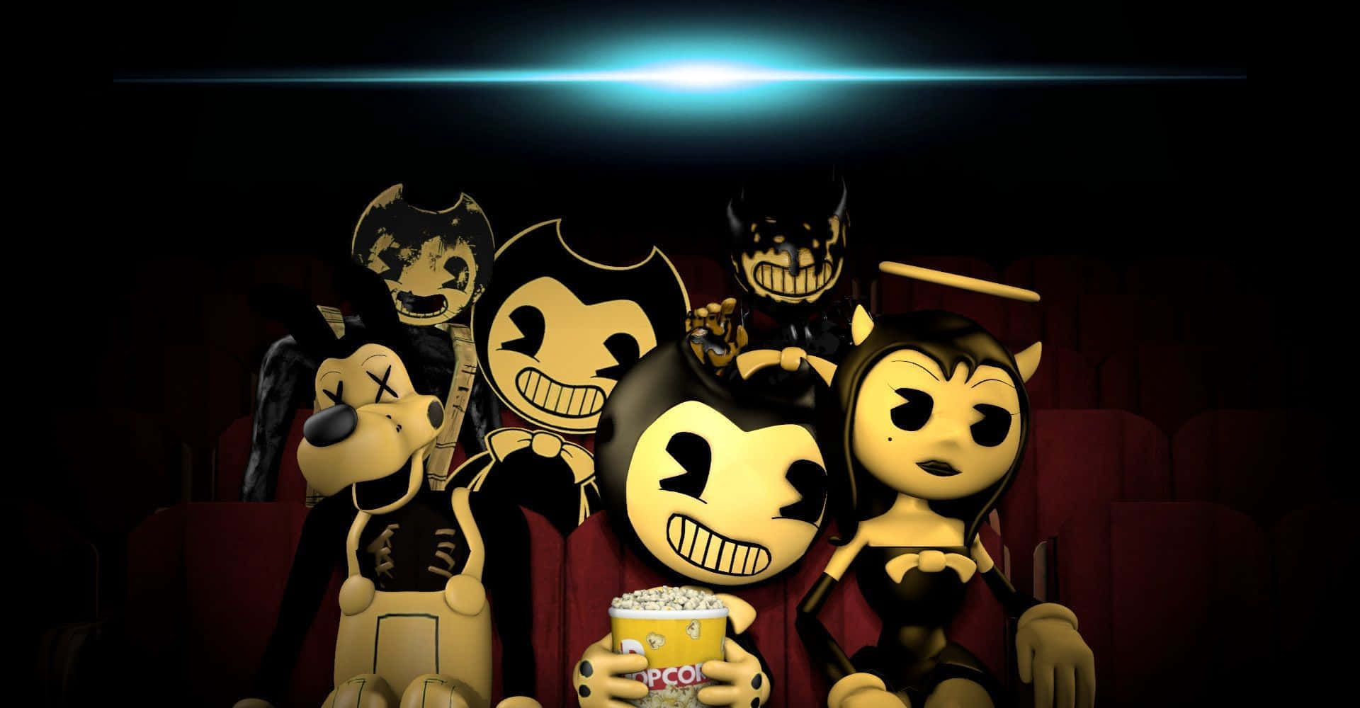 Bendy, dark theater, glowing blue light, Full HD Desktop Wallpaper