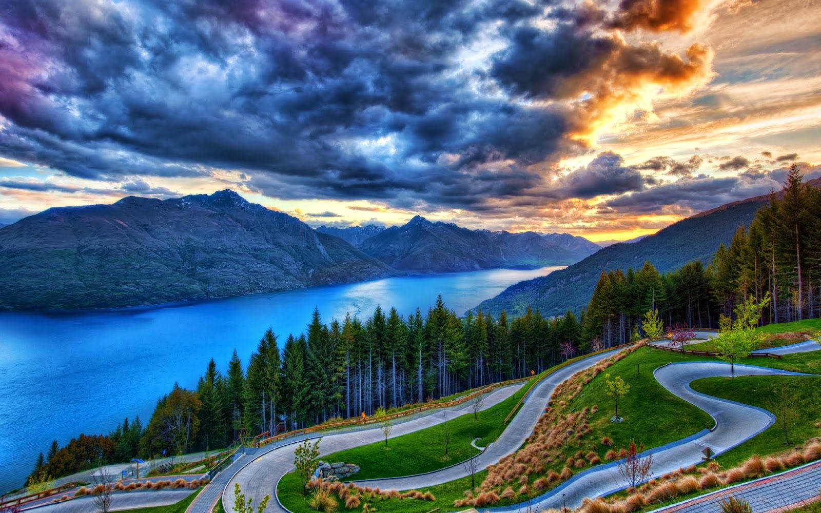 Bendy, serpentine mountain road, vast blue lake, HD Desktop Wallpaper