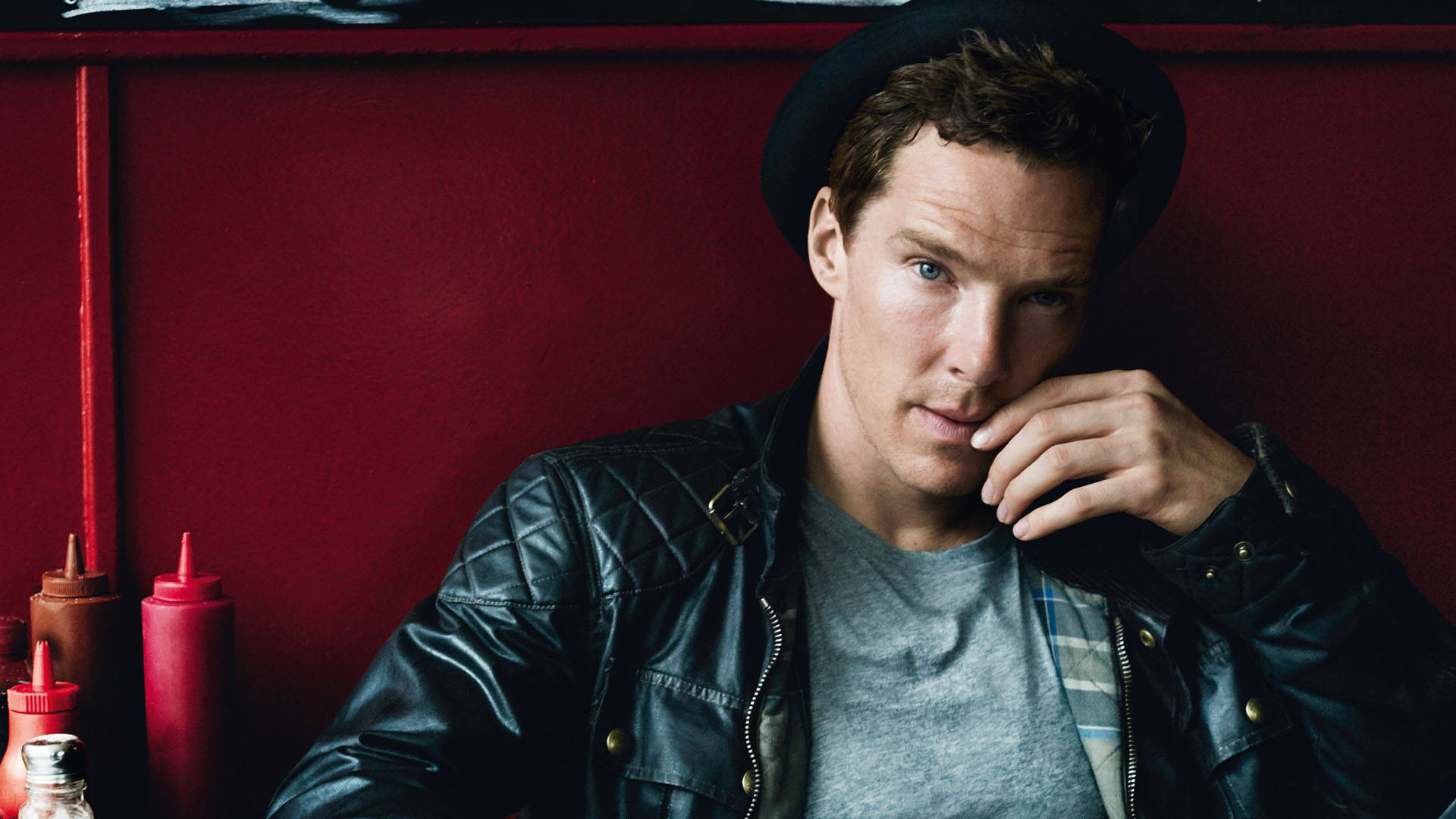 Benedict Cumberbatch, leather jacket, black hat, Full HD Desktop Wallpaper