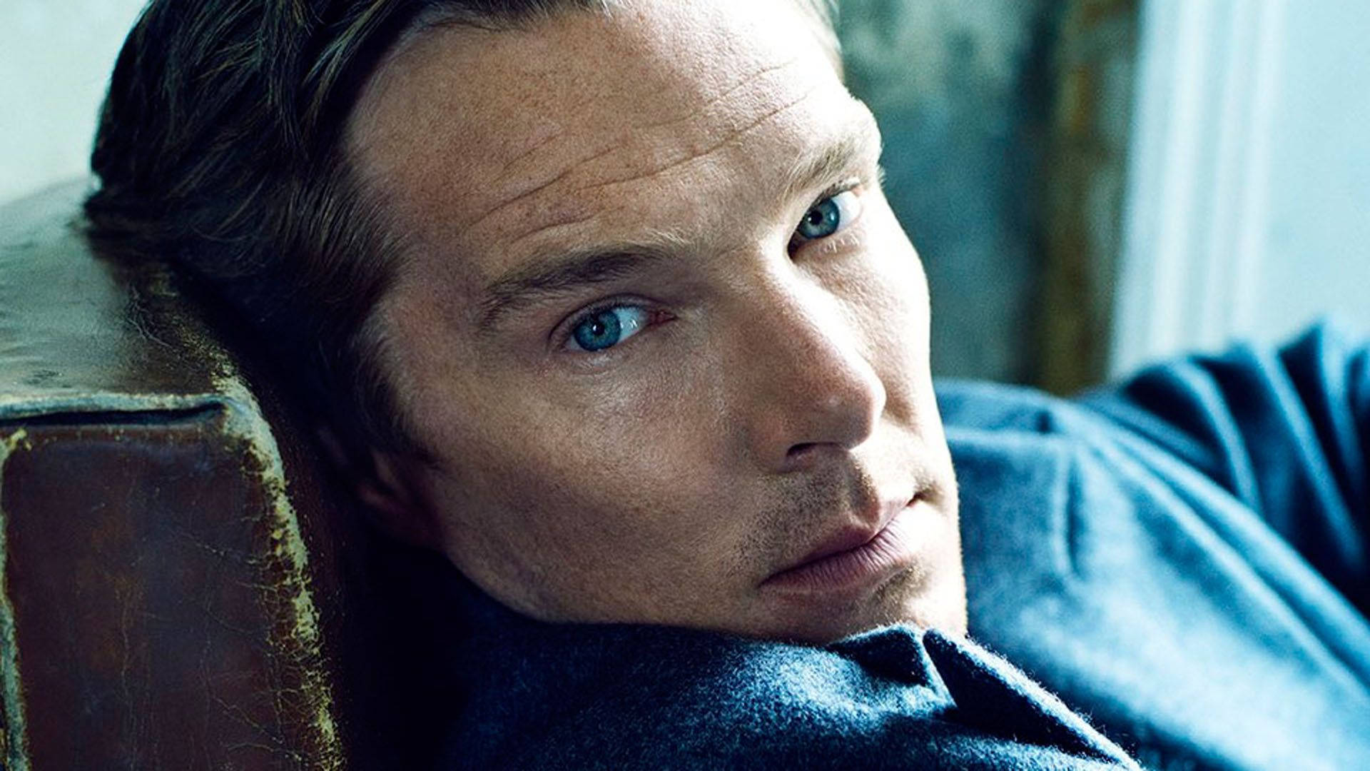Benedict Cumberbatch, deep blue eyes, worn leather armrest, Full HD Desktop Wallpaper