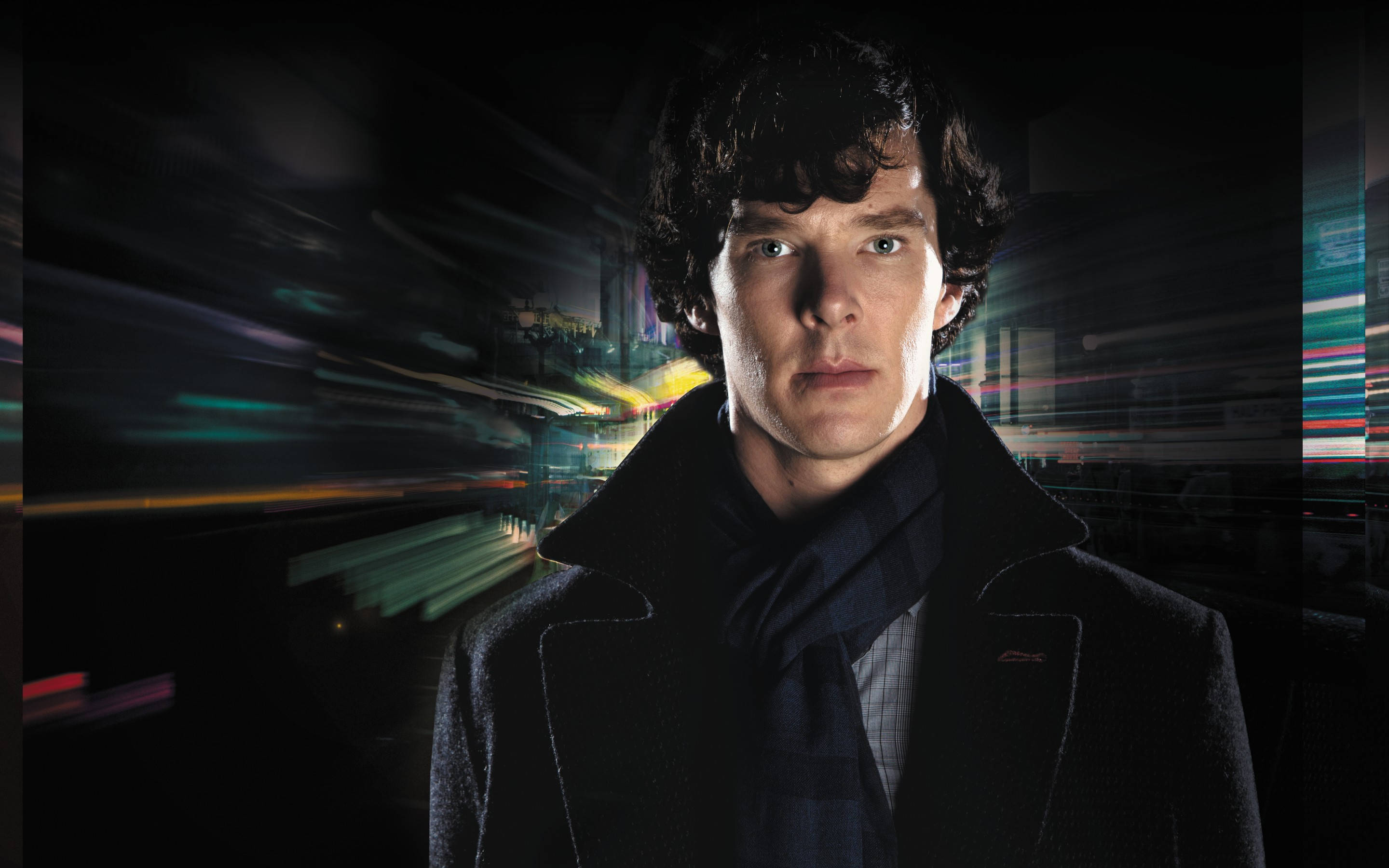 Benedict Cumberbatch, dark coat, neon-lit cityscape, 2K Desktop Wallpaper