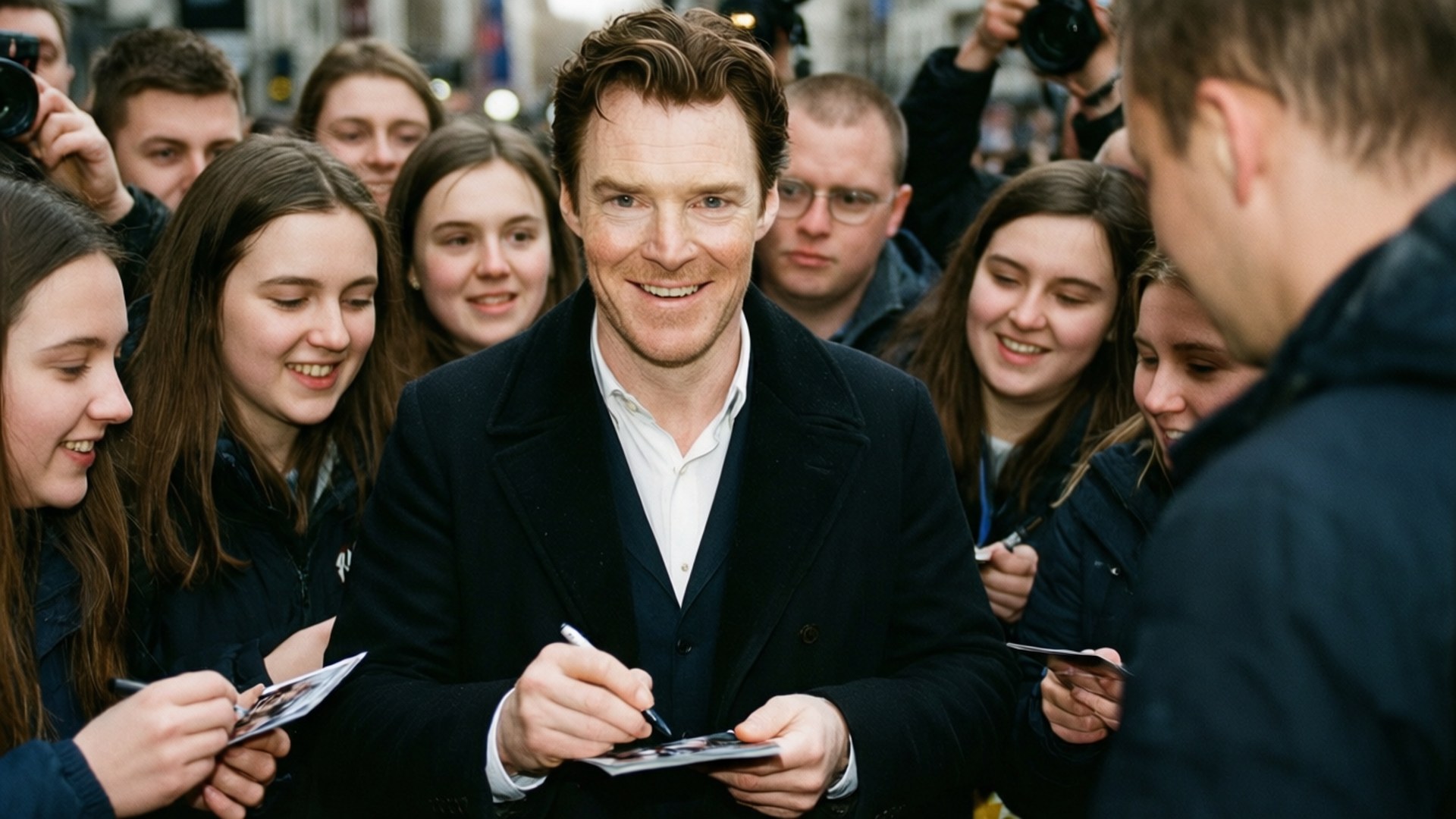 Benedict Cumberbatch, autographs, crowd of enthusiastic fans, Full HD Desktop Wallpaper