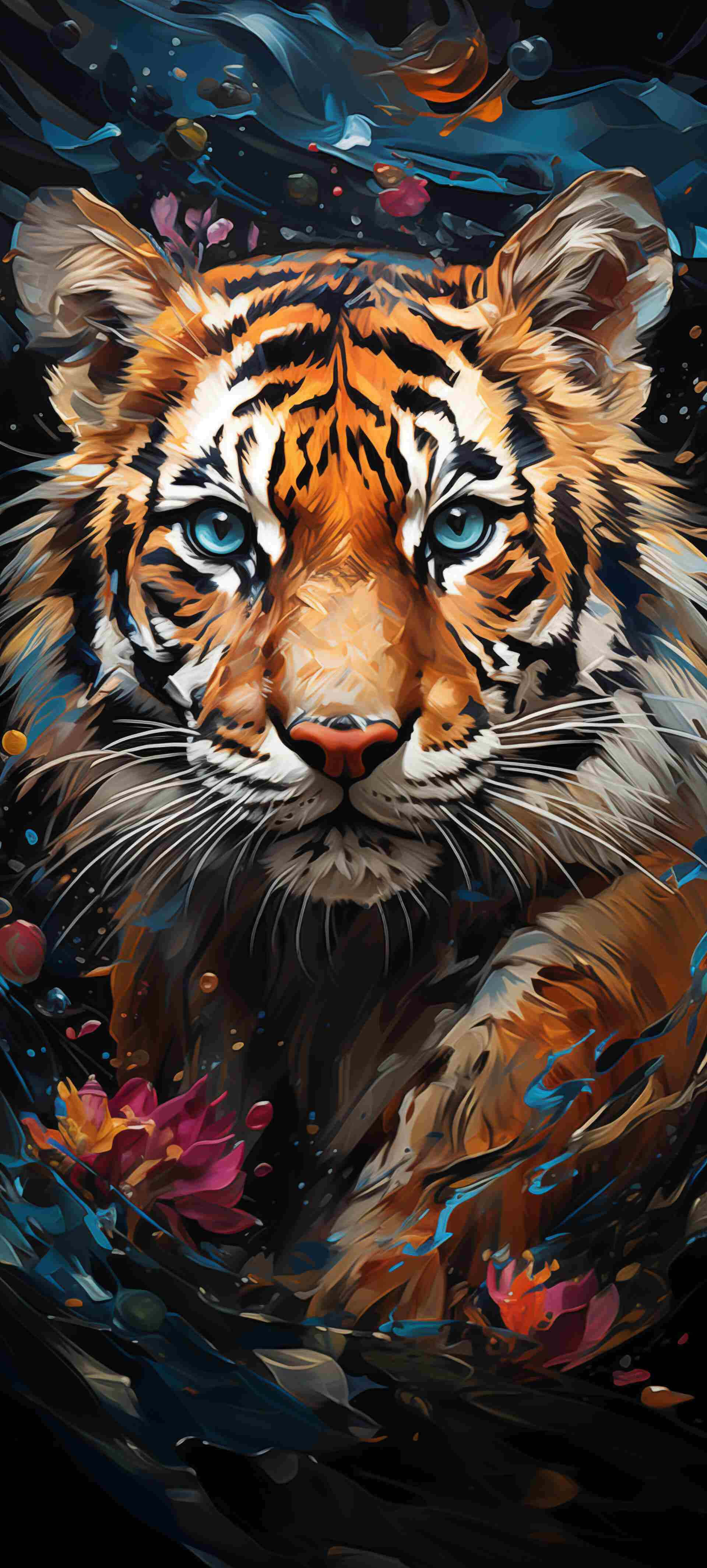 Bengal Tiger, piercing blue eyes, swirling dark blues, 4K Phone Wallpaper