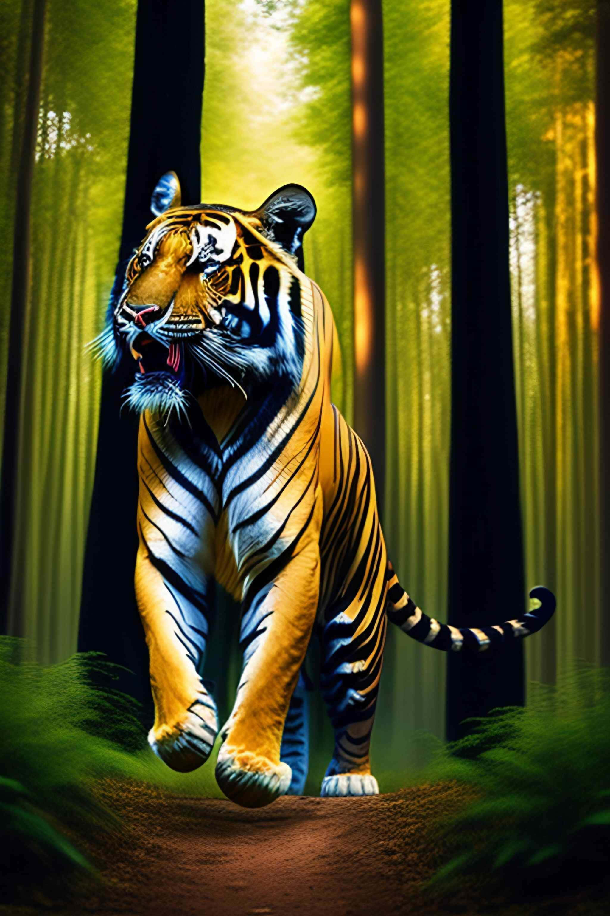 Bengal Tiger, sunlit bamboo forest, vibrant green stalks, 2K Phone Wallpaper