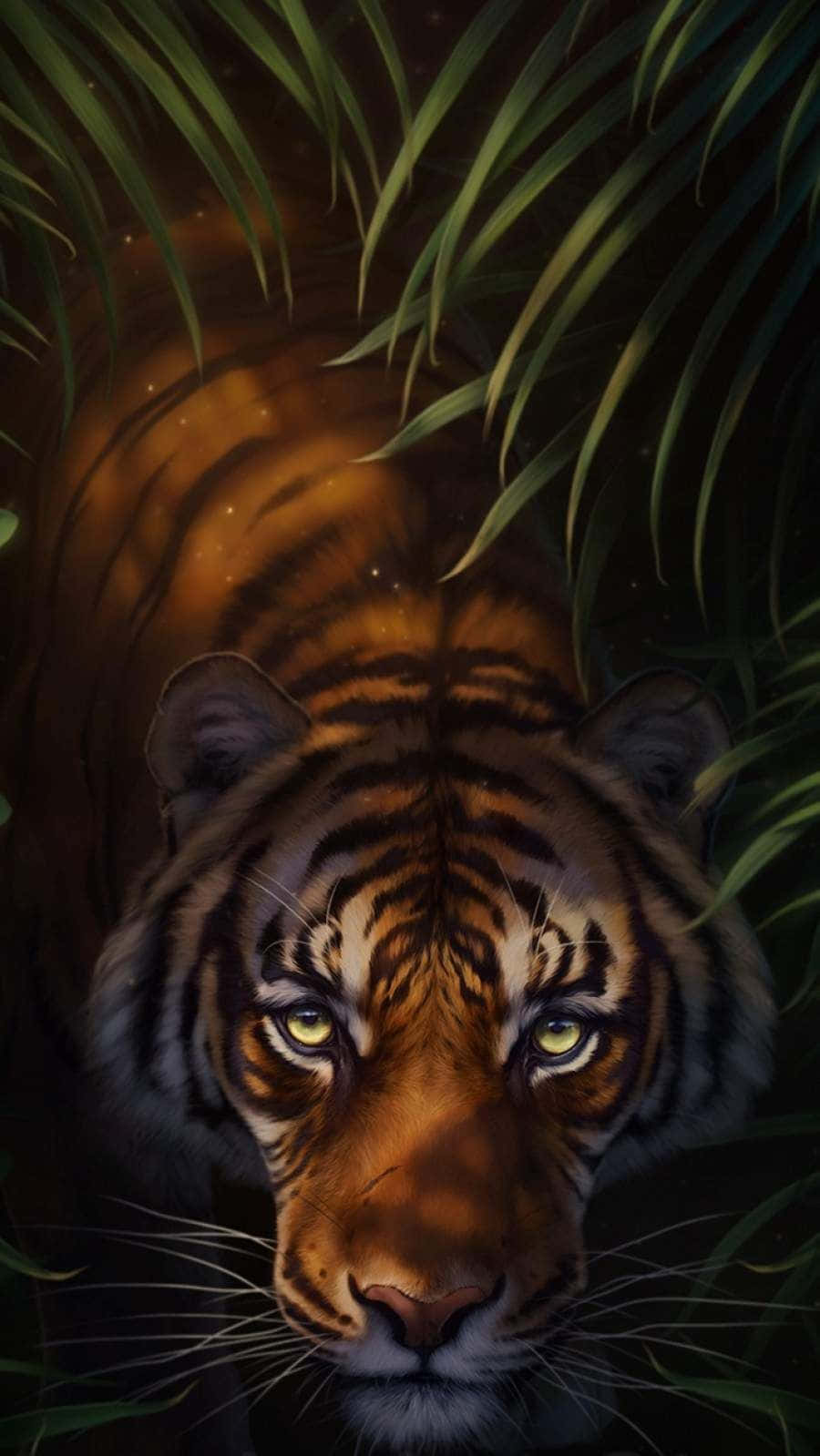 Bengal Tiger, glowing yellow eyes, dense green foliage, HD Phone Wallpaper