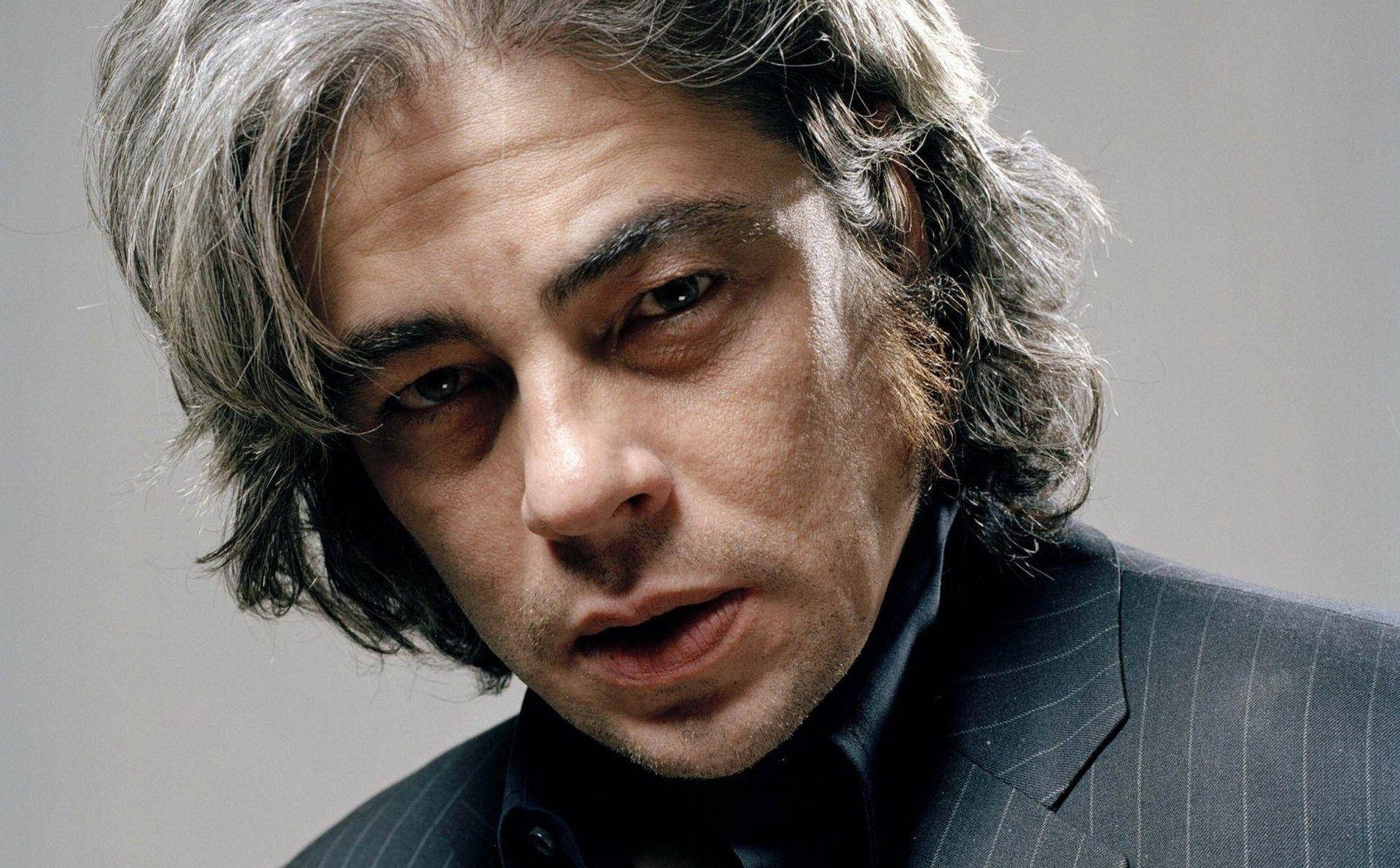 Benicio del toro, pinstripe suit, gray hair, Full HD Desktop Wallpaper
