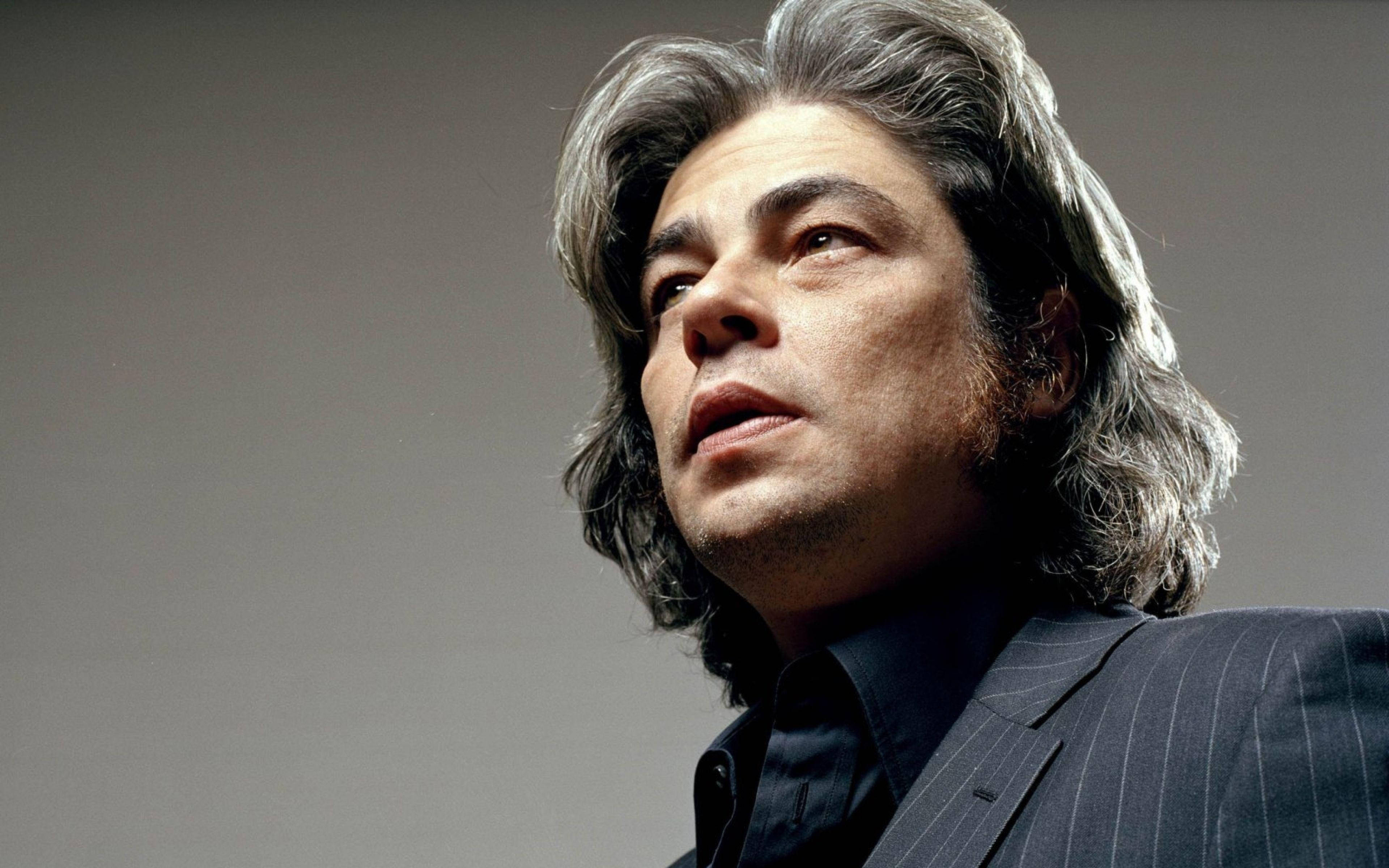 Benicio del toro, pinstripe suit, long gray hair, 4K Desktop Wallpaper