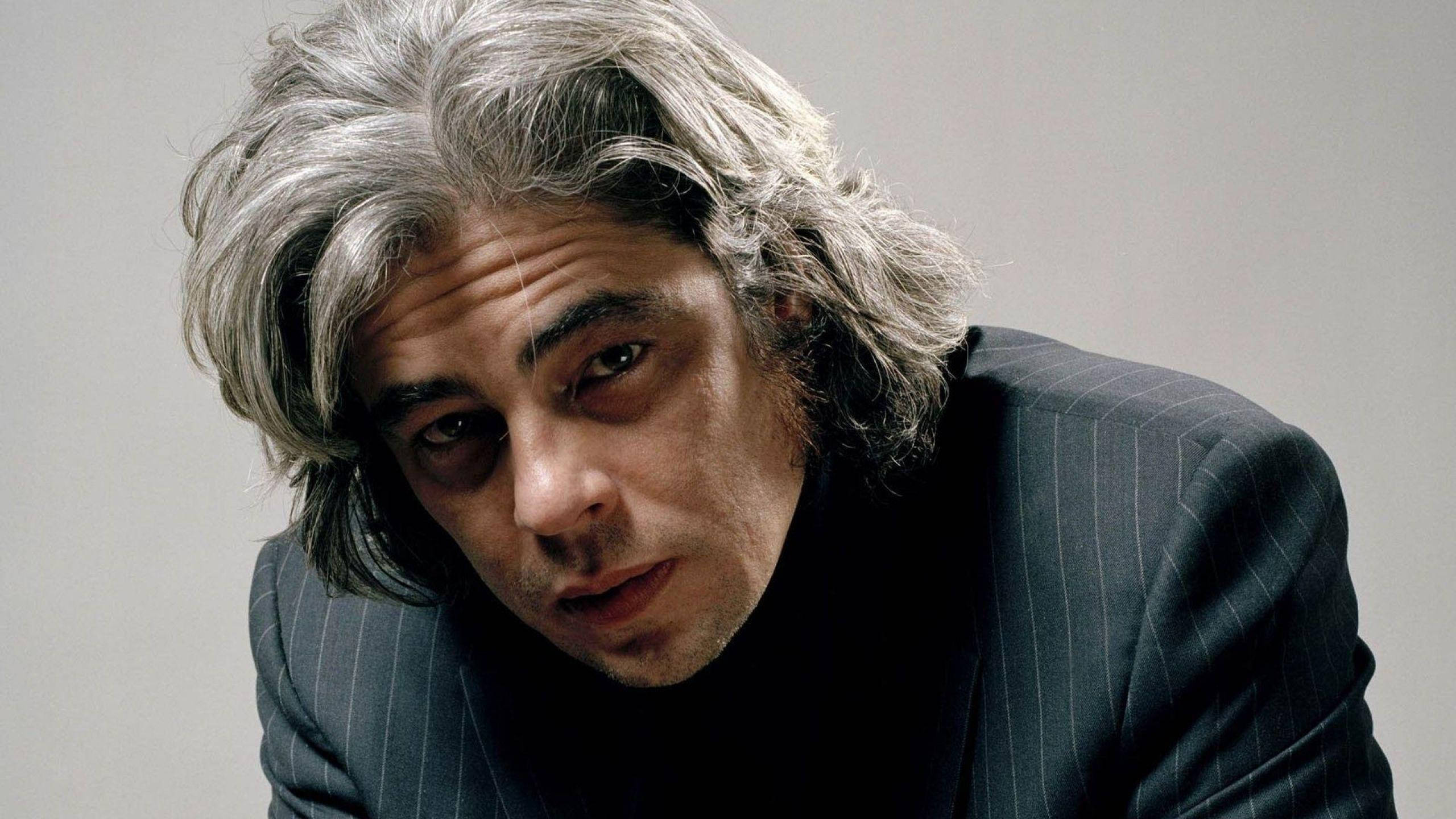 Benicio del toro, gray wavy hair, intense eyes, 2K Desktop Wallpaper