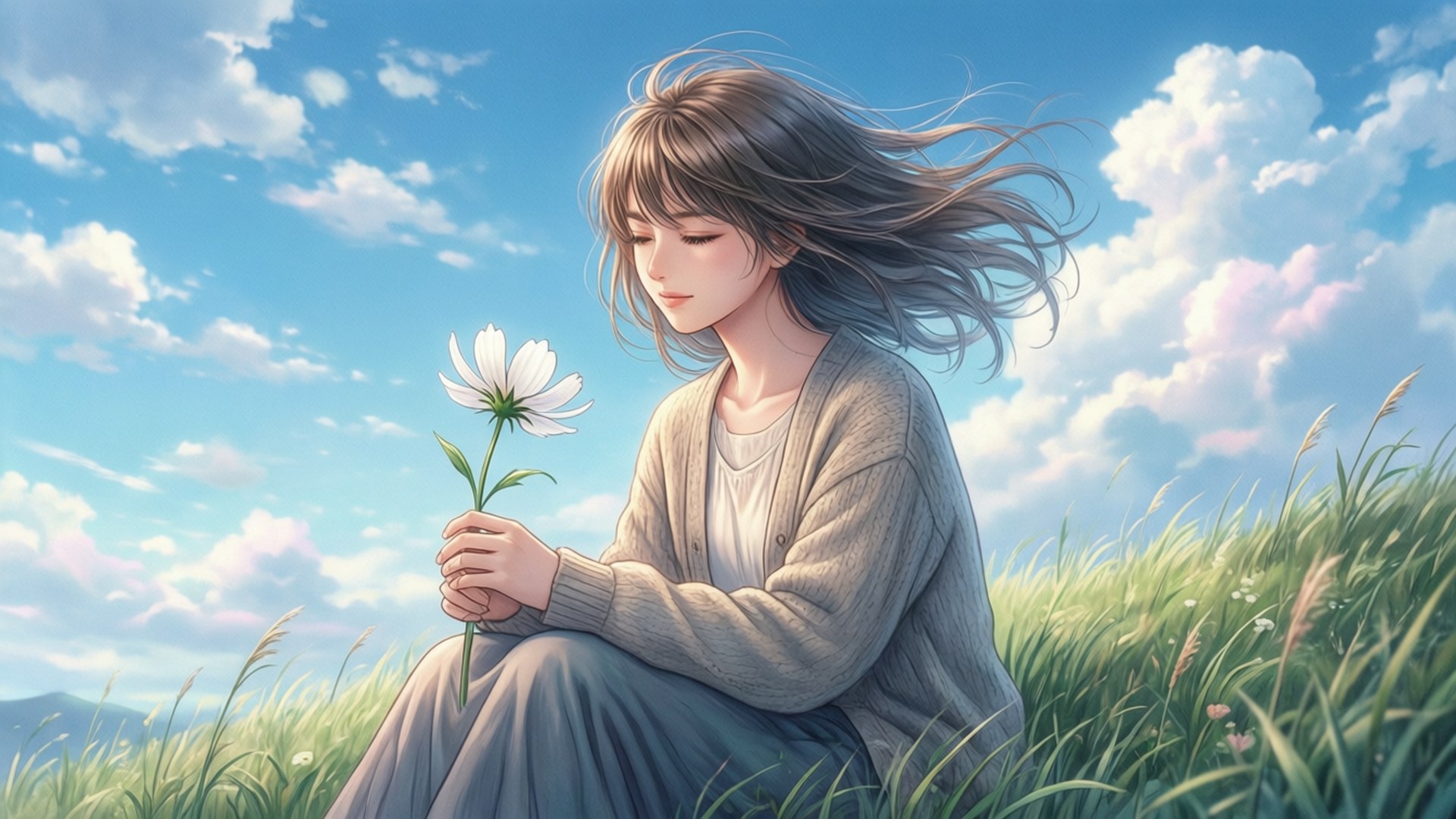 Benio Amakusa, hill, flowers, Full HD Desktop Wallpaper