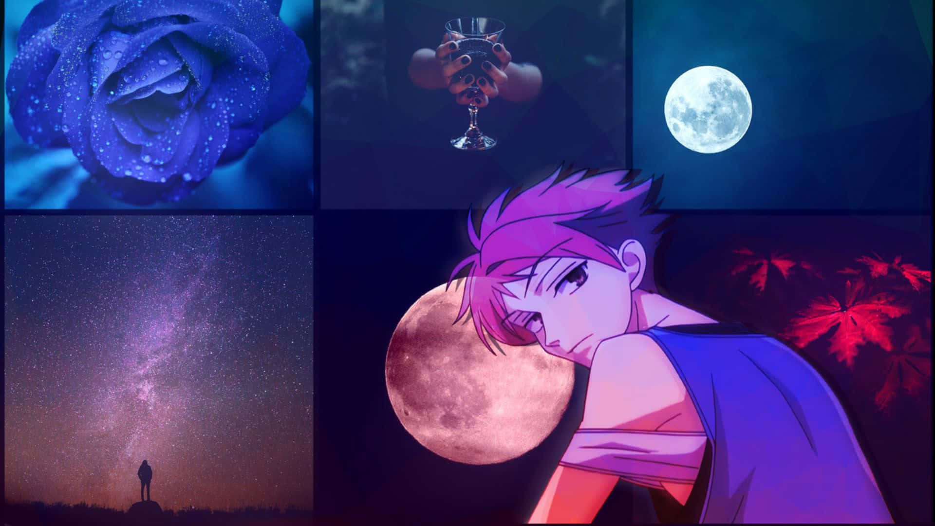 Benio Amakusa, purple-haired anime character, moon, Full HD Desktop Wallpaper