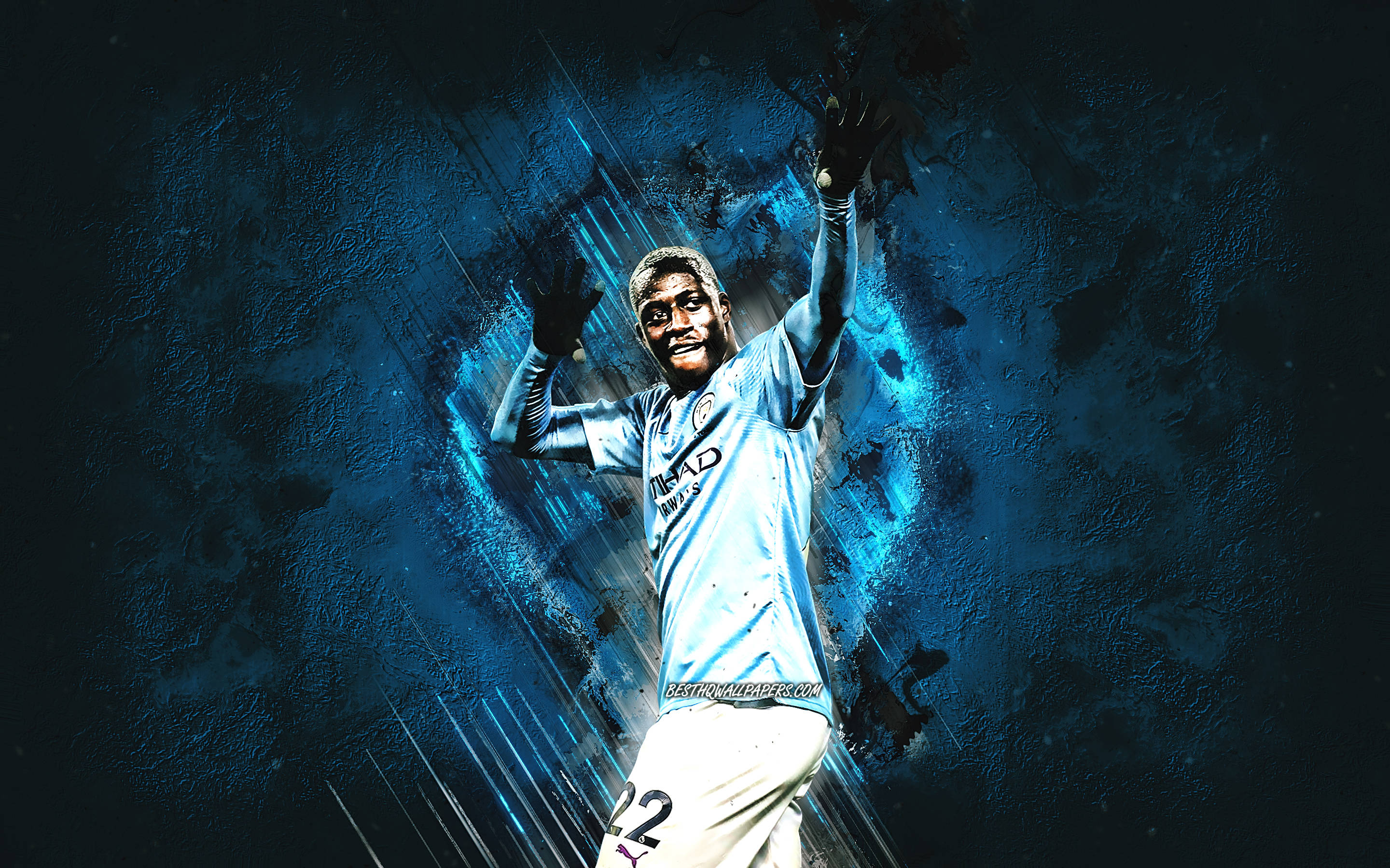 Benjamin Mendy, light blue jersey, dynamic blue textured background, 2K Desktop Wallpaper