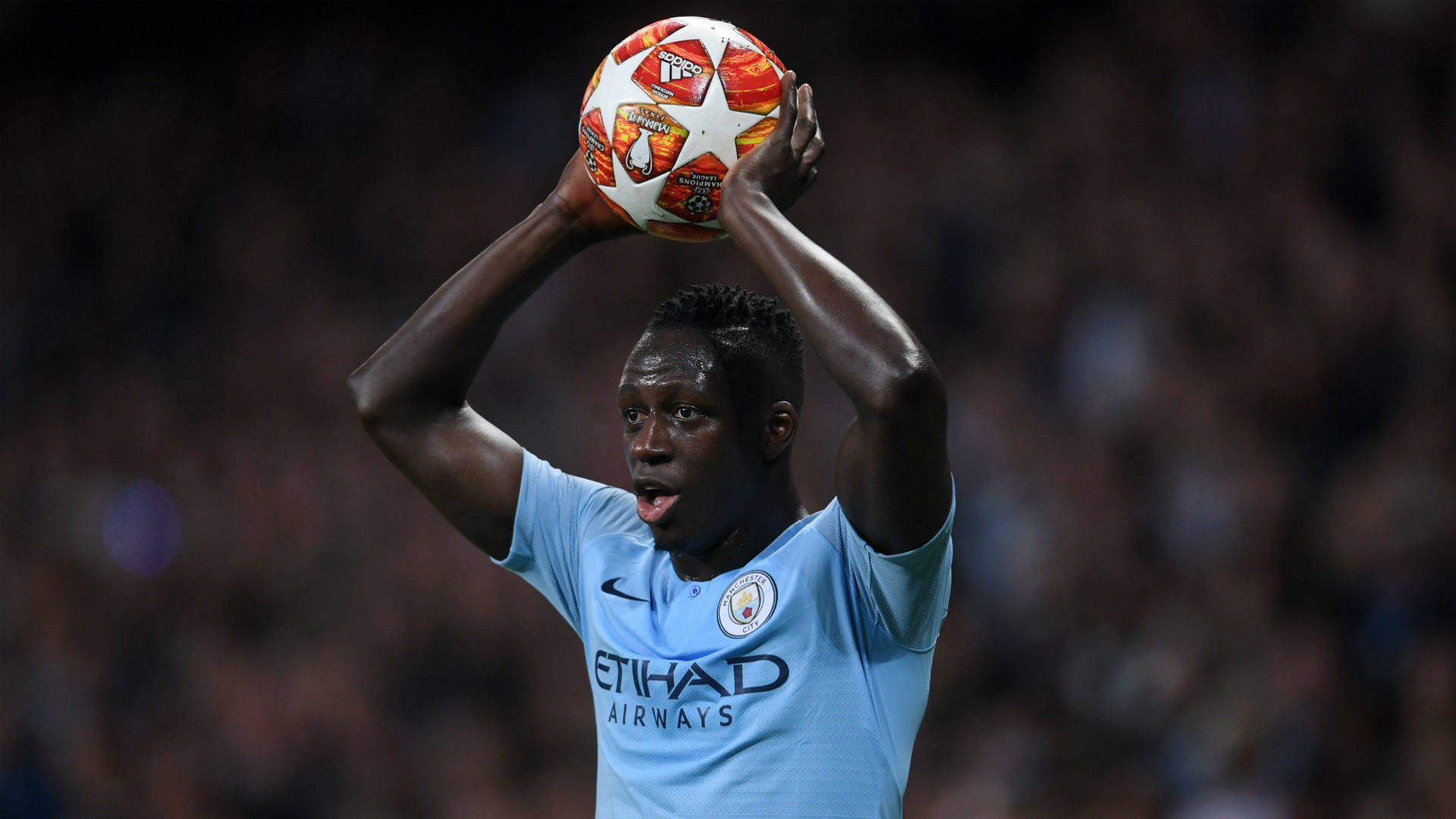 Benjamin Mendy, light blue jersey, colorful Champions League ball, Full HD Desktop Wallpaper