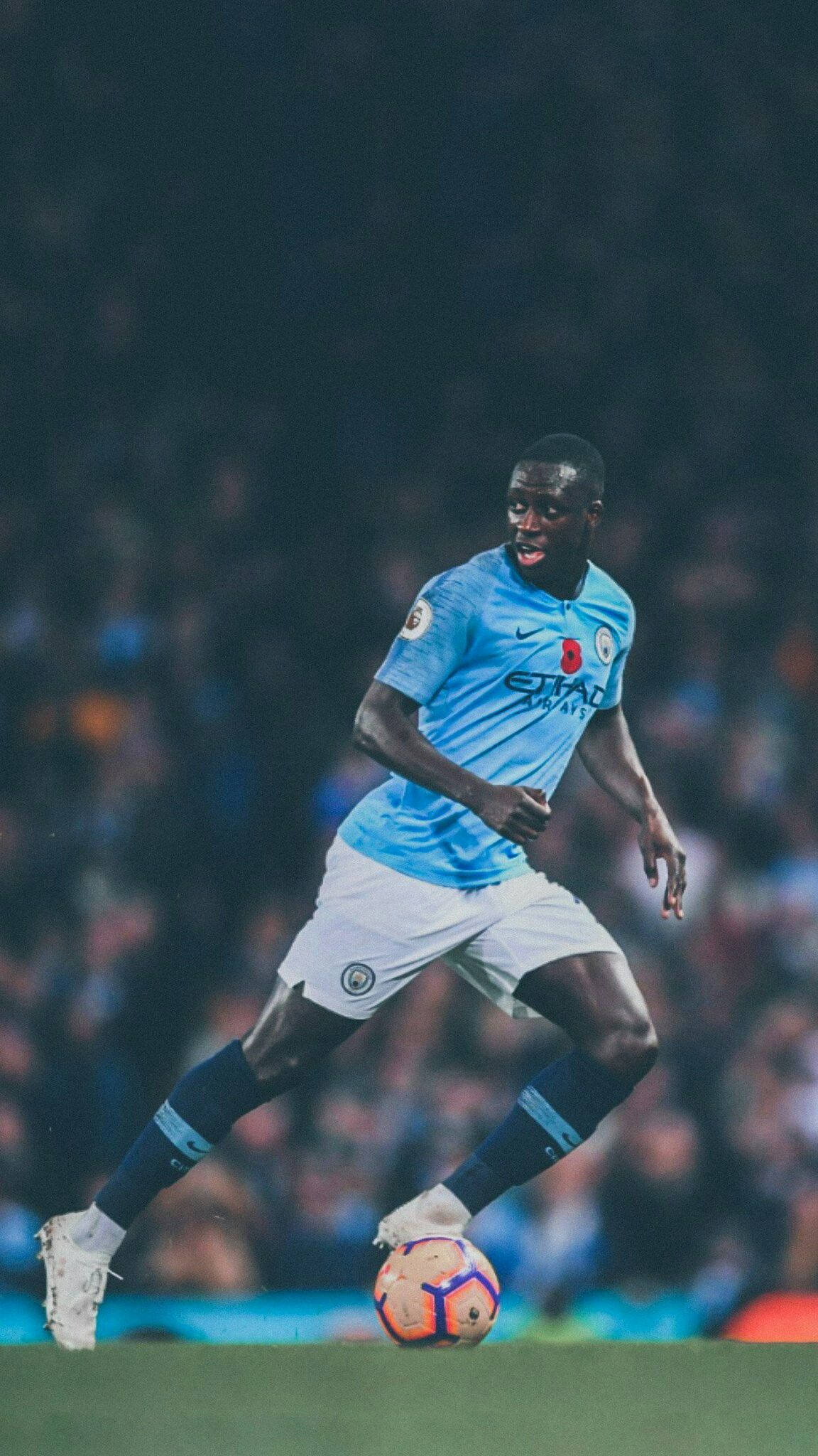 Benjamin Mendy, light blue jersey, colorful ball, Full HD Phone Wallpaper