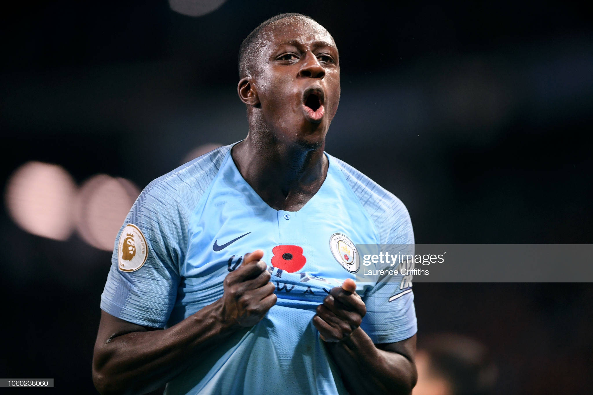 Benjamin Mendy, blue Nike jersey, red poppy emblem, Full HD Desktop Wallpaper