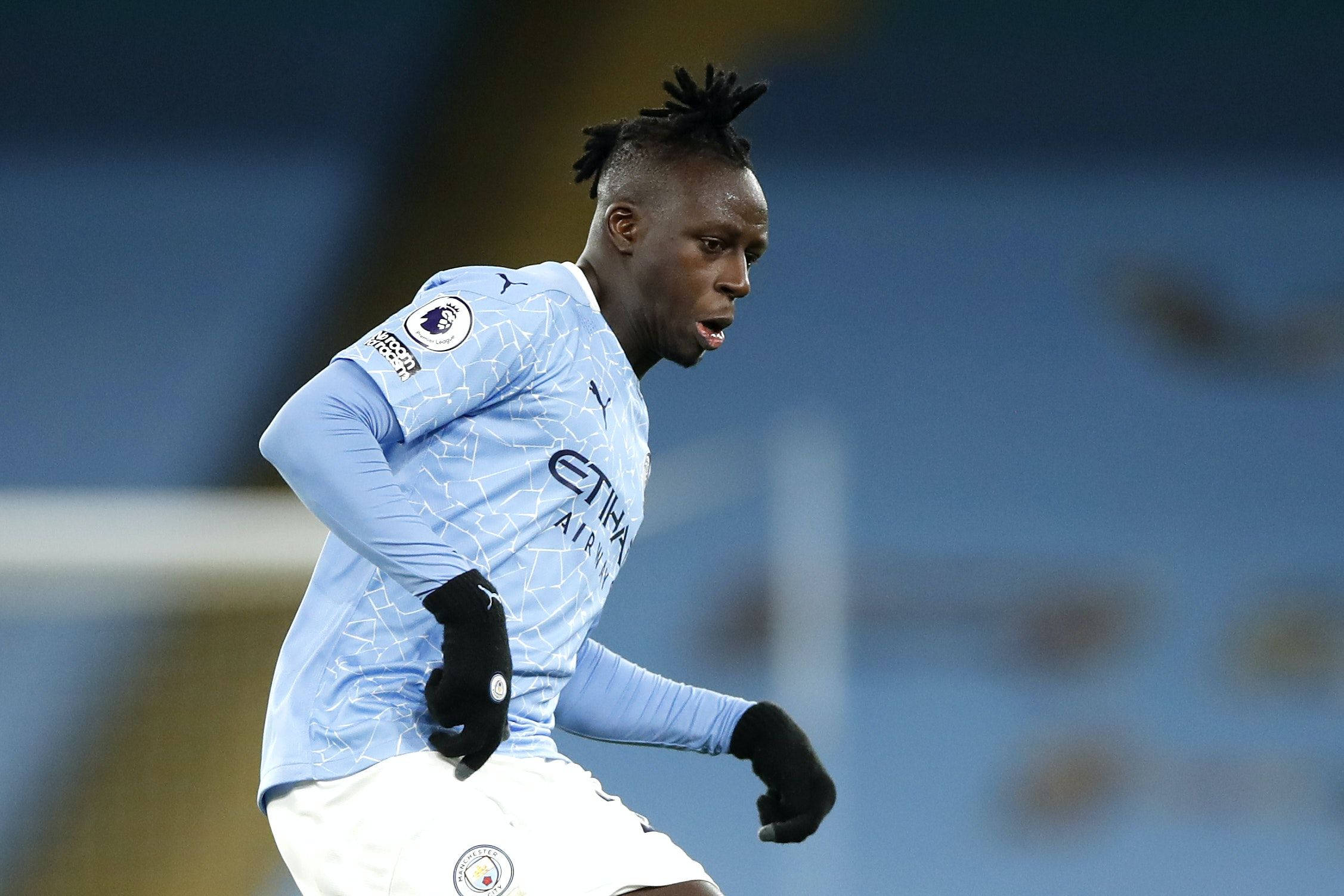 Benjamin Mendy, blue white geometric jersey, stadium field, Full HD Desktop Wallpaper