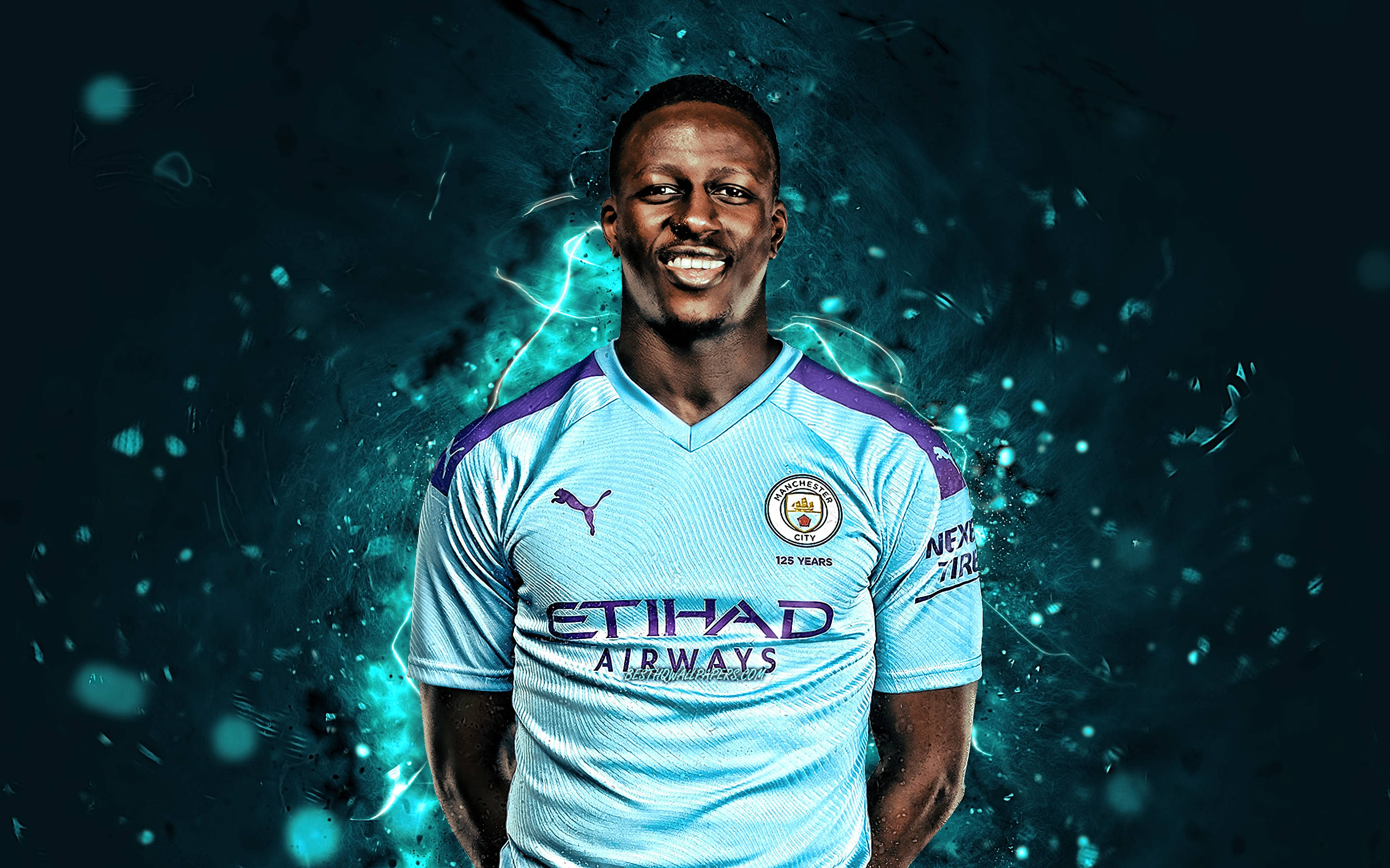 Benjamin Mendy, purple puma logo, light blue Manchester City jersey, 2K Desktop Wallpaper