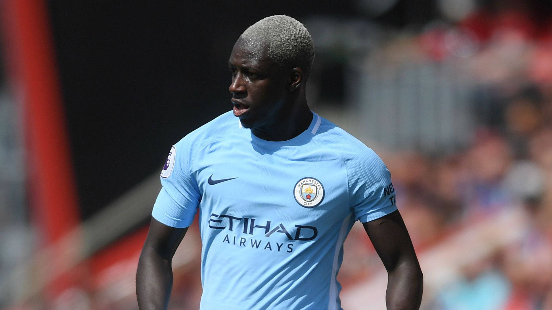 Benjamin Mendy, light blue Manchester City jersey, sunlit field, Full HD Desktop Wallpaper