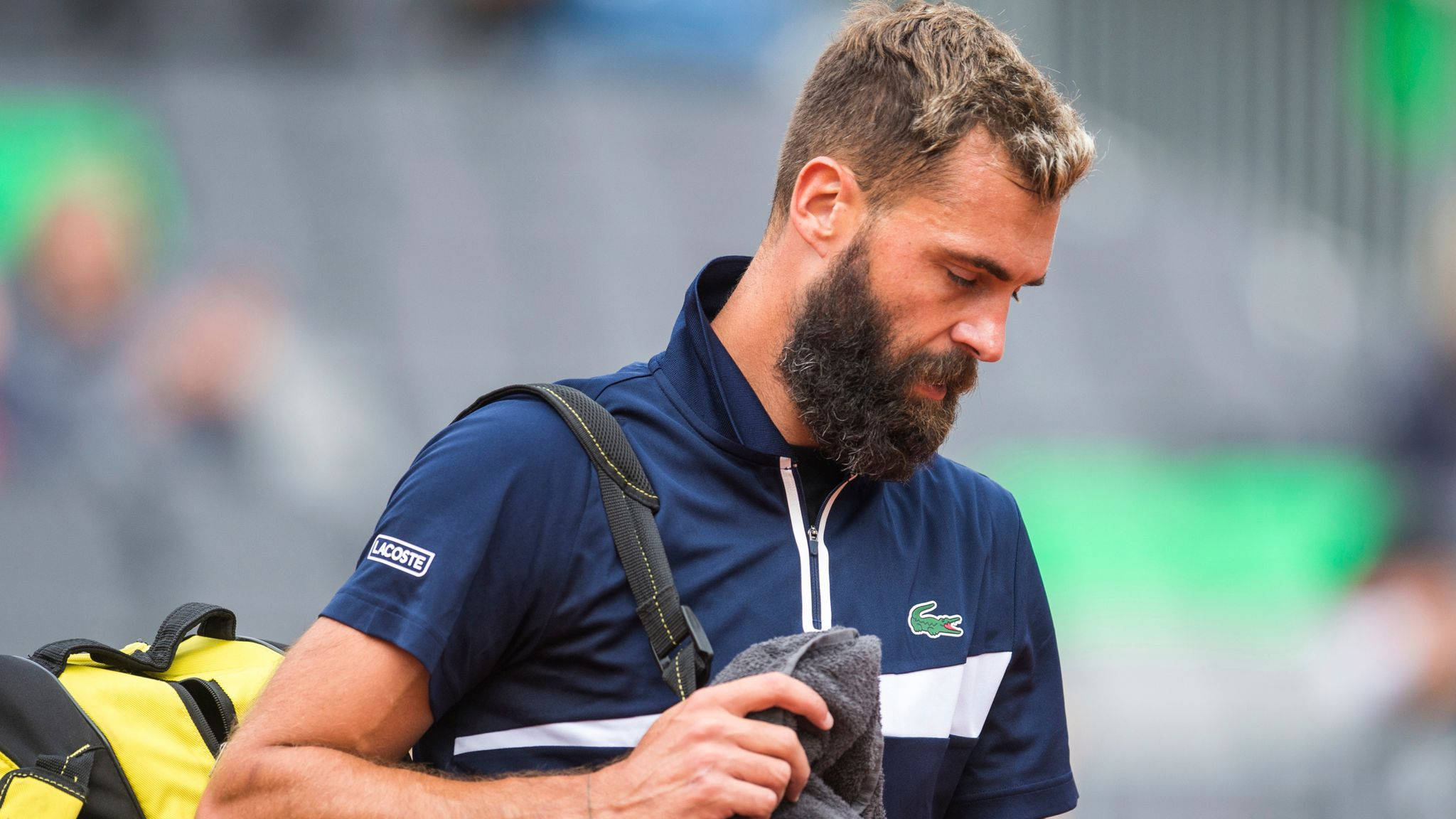 Benoit Paire, navy Lacoste shirt, yellow backpack, Full HD Desktop Wallpaper
