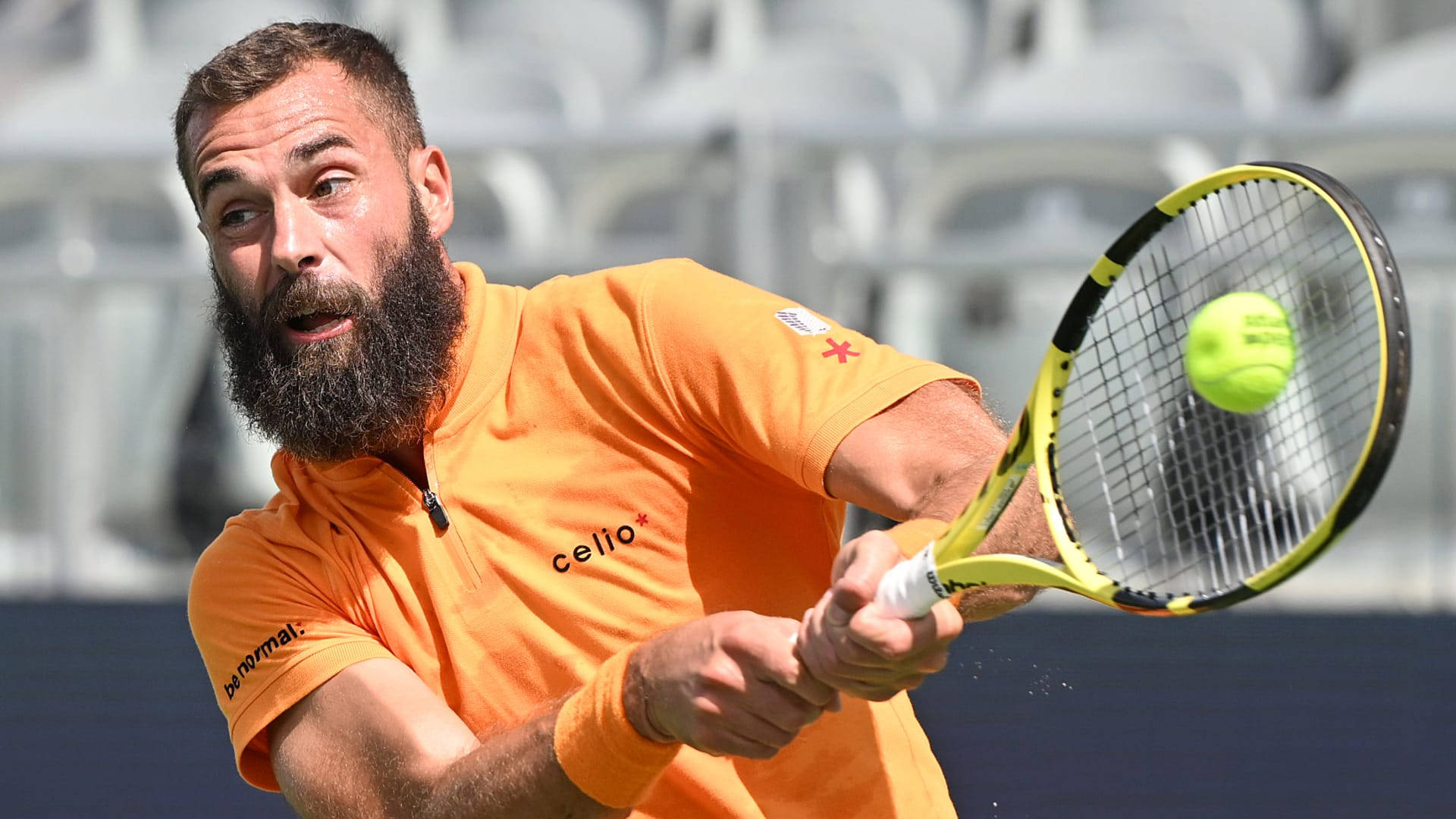 Benoit Paire, orange shirt, yellow racket, Full HD Desktop Wallpaper