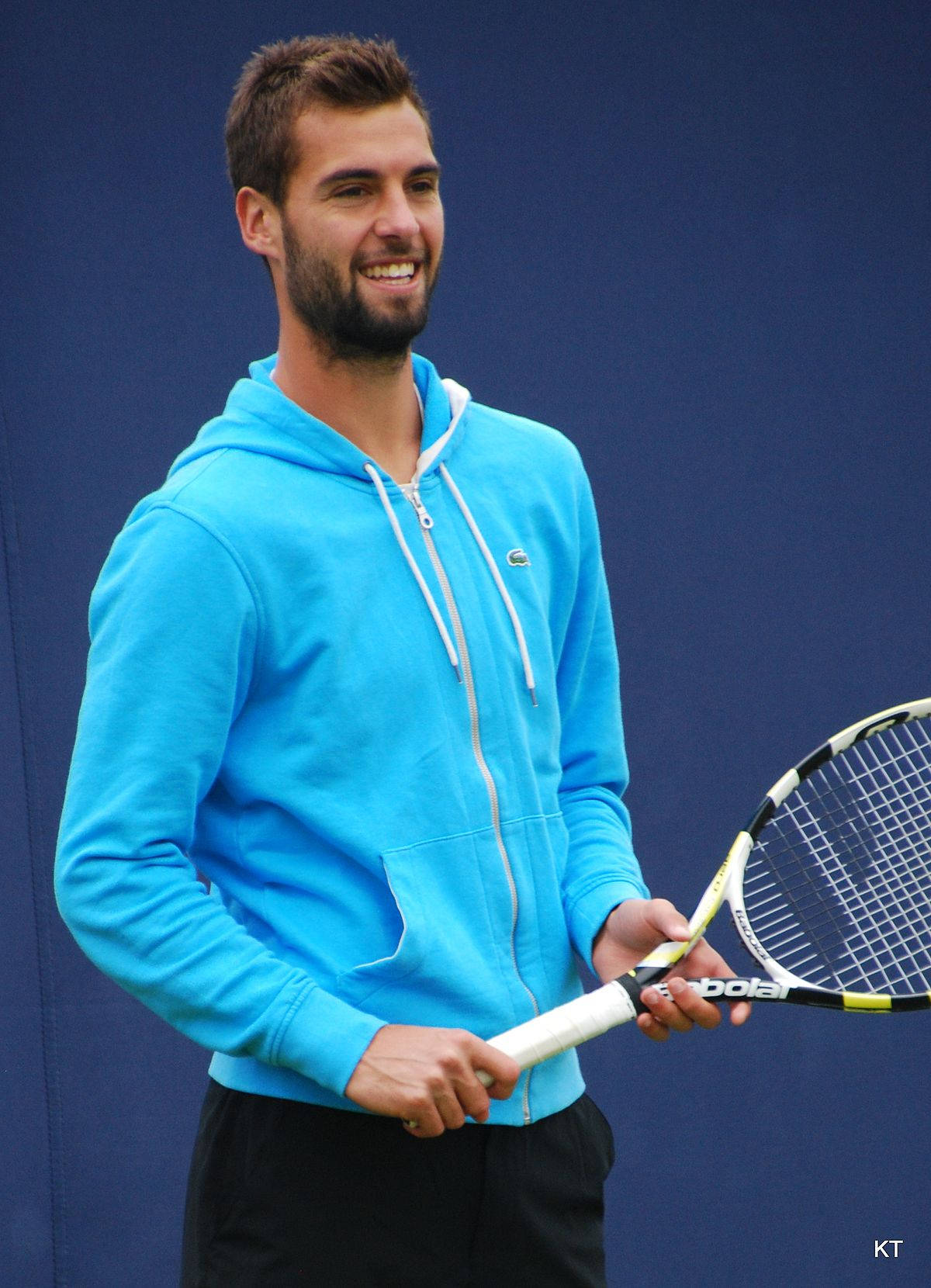 Benoit Paire, bright blue hoodie, tennis racket, HD Phone Wallpaper
