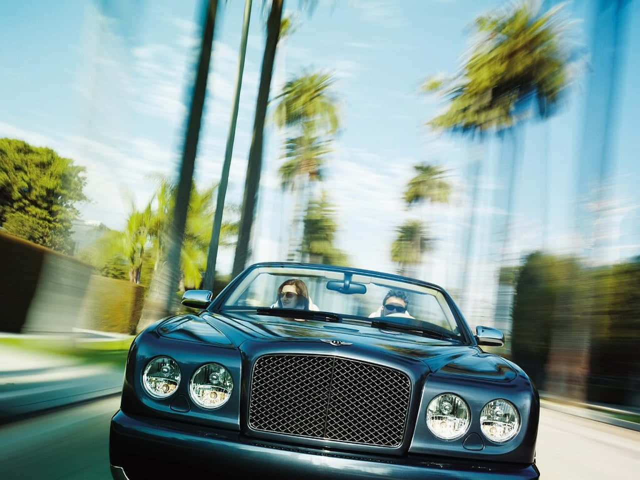Bentley Azure, black, palm-lined road, HD Desktop Wallpaper