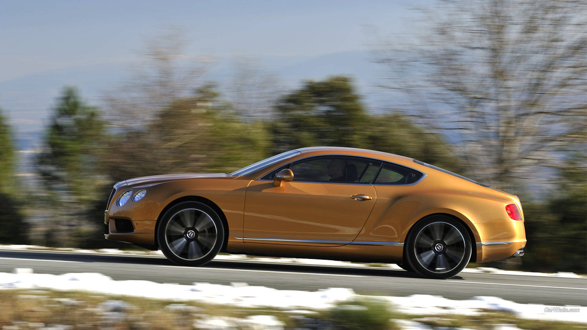 Bentley Continental GT, golden, snowy roadside, Full HD Desktop Wallpaper