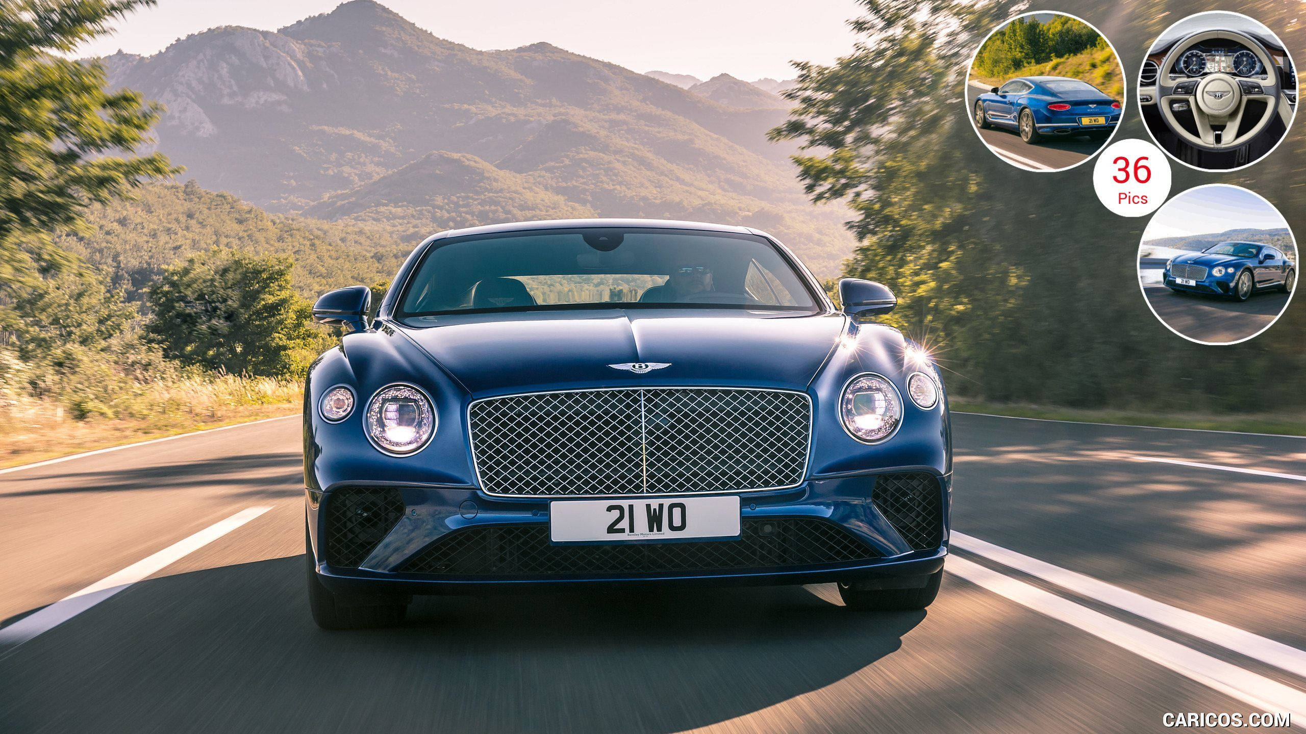 Bentley Continental GT, blue, winding mountain road, 2K Desktop Wallpaper