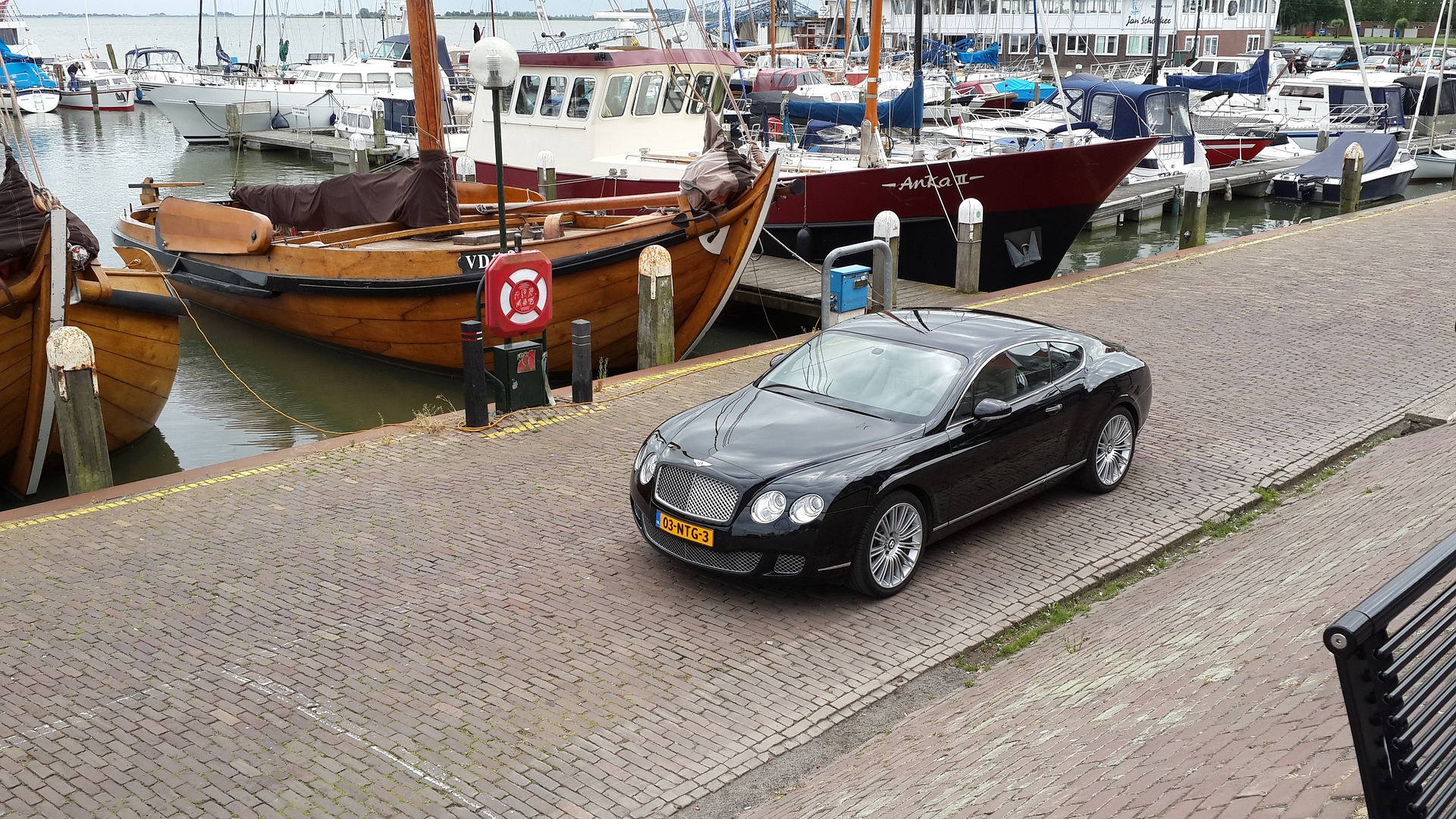 Bentley Continental GT, black, brick quay, Full HD Desktop Wallpaper