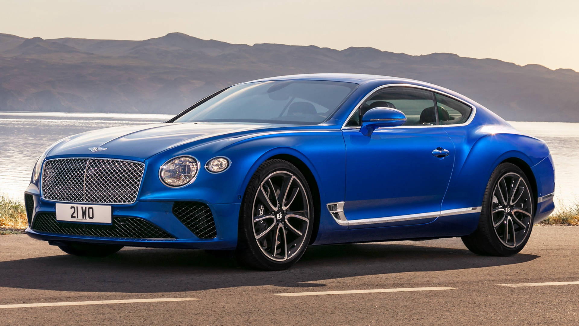 Bentley Continental GT, Cool Blue, golden sunlight, Full HD Desktop Wallpaper