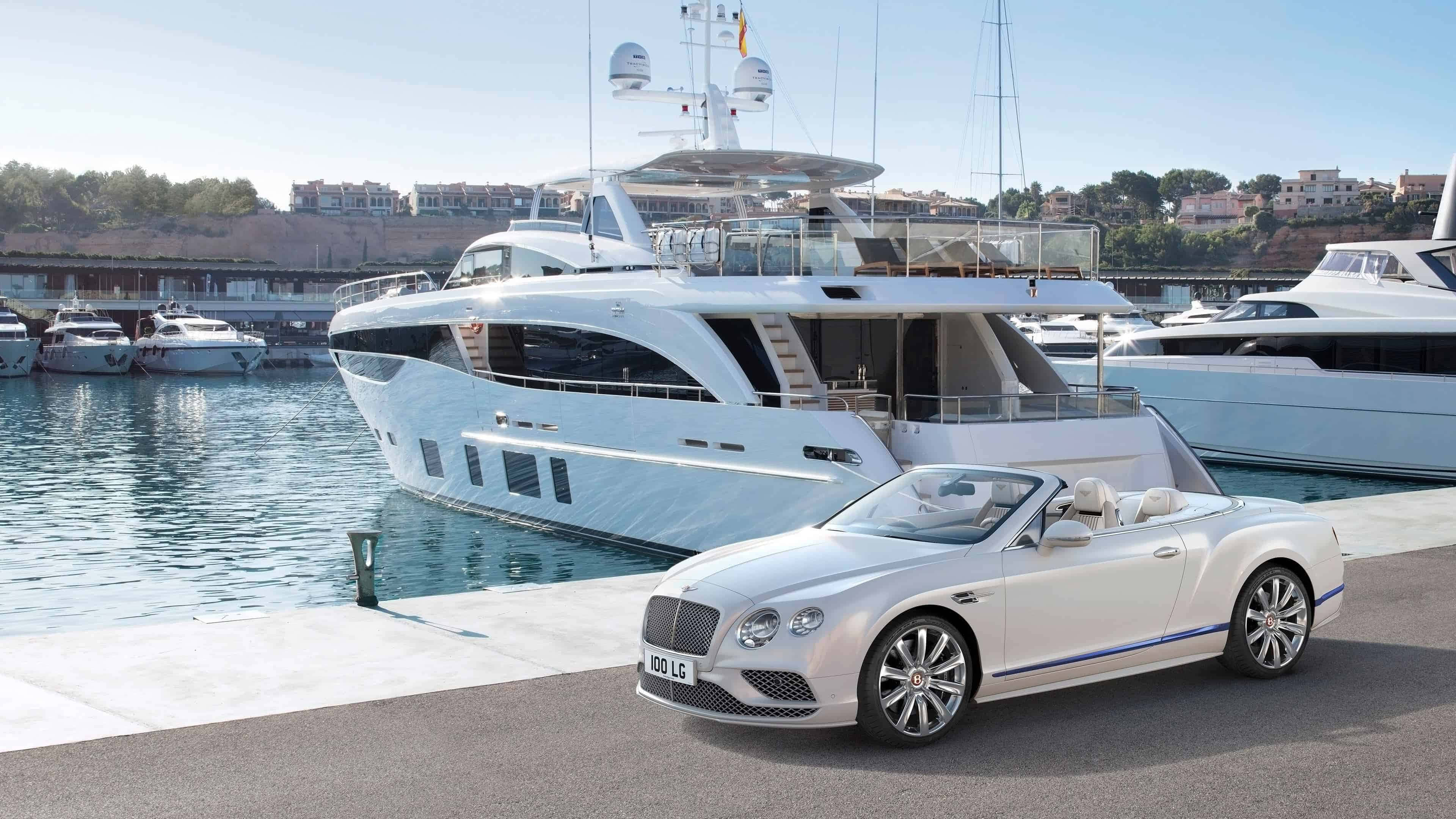 Bentley Continental GT Convertible, white, luxurious yacht, 4K Desktop Wallpaper