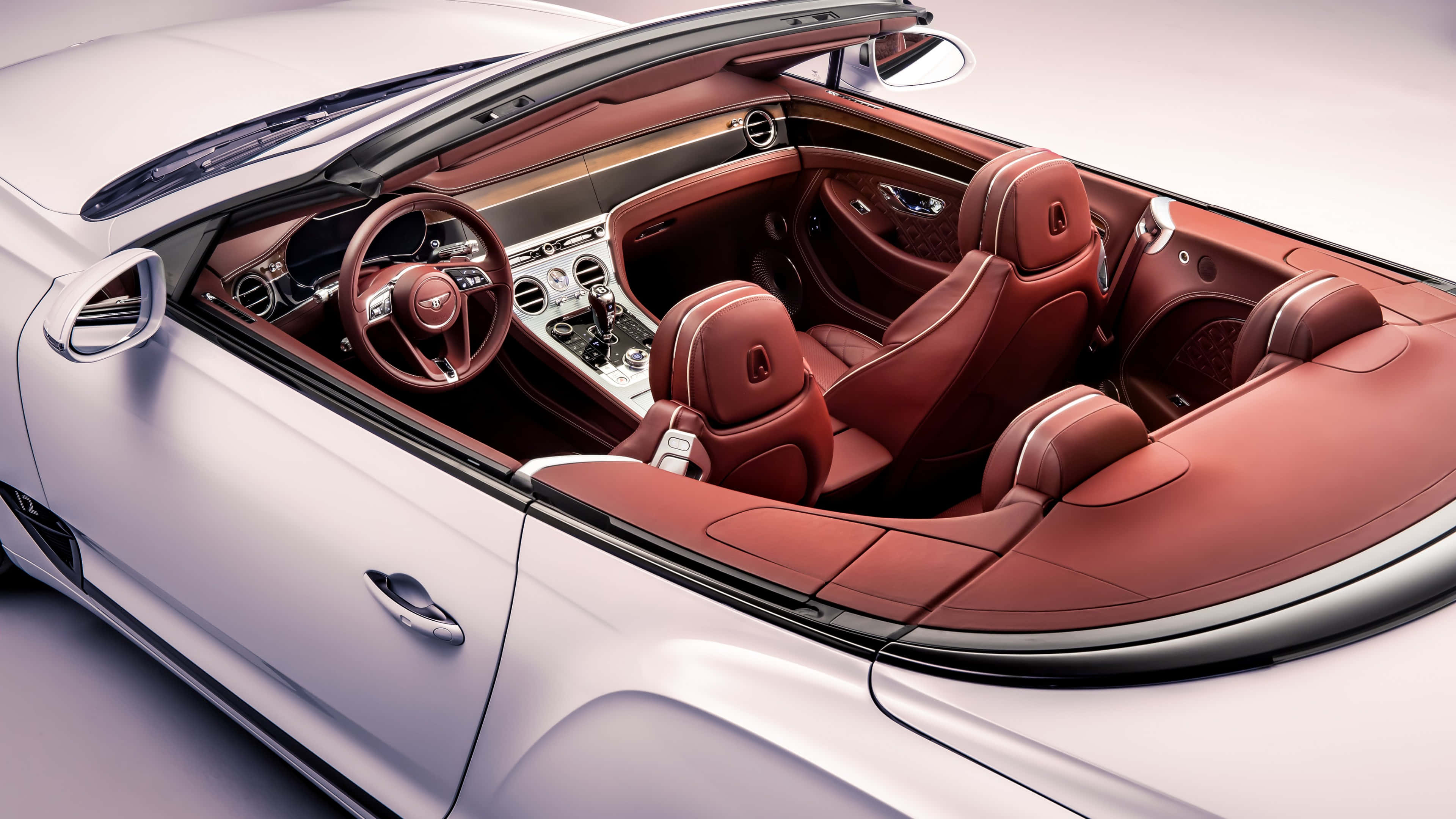 Bentley Continental GT Convertible, red leather seats, silver accents, 4K Desktop Wallpaper