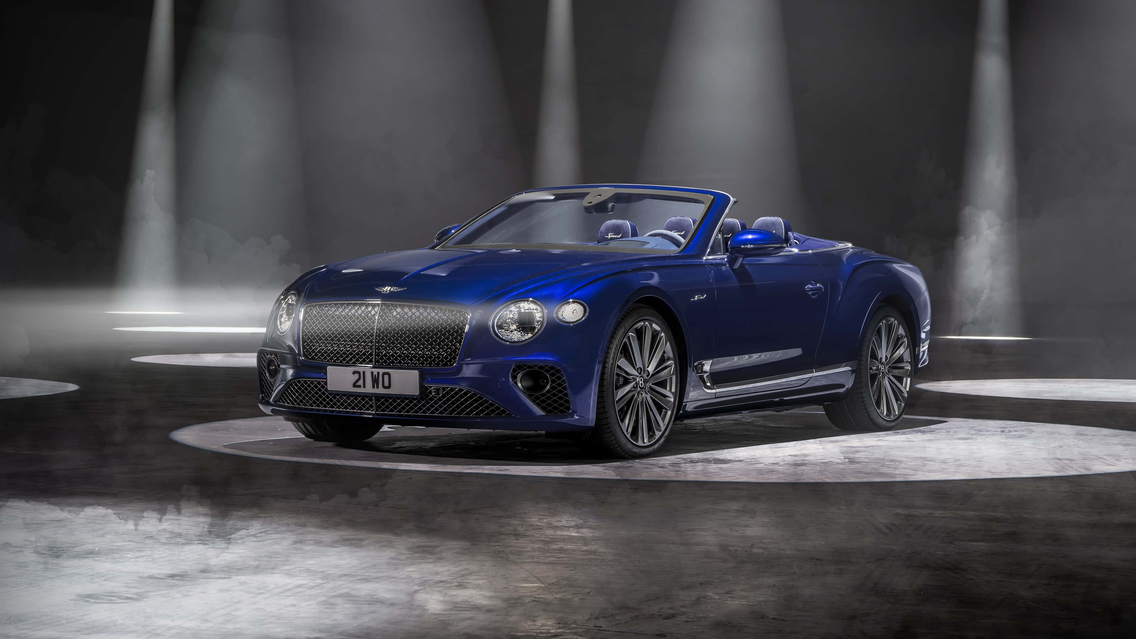 Bentley Continental GT Convertible, blue, dramatic spotlights, 4K Desktop Wallpaper