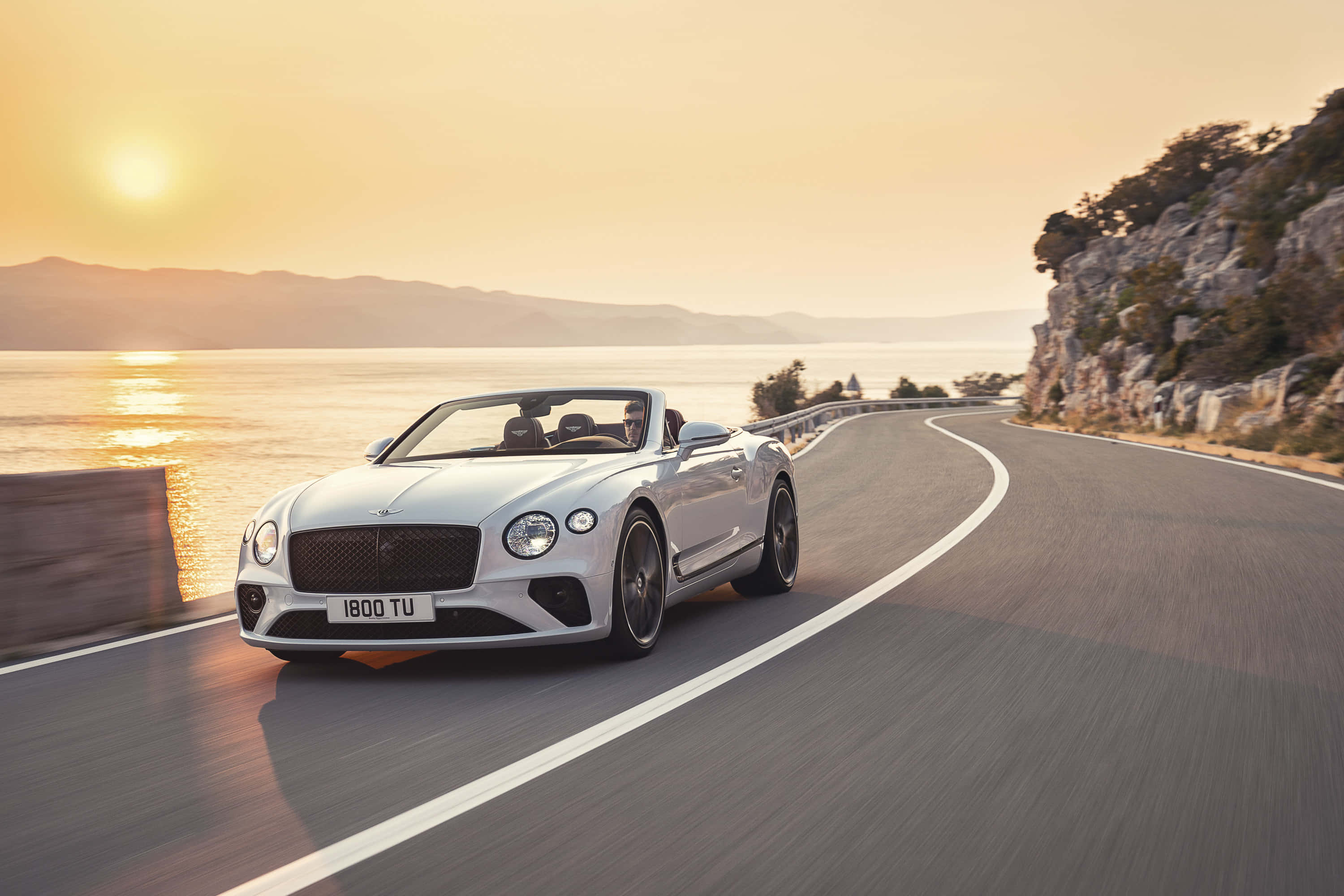 Bentley Continental GT Convertible, coastal road, sunset, 2K Desktop Wallpaper