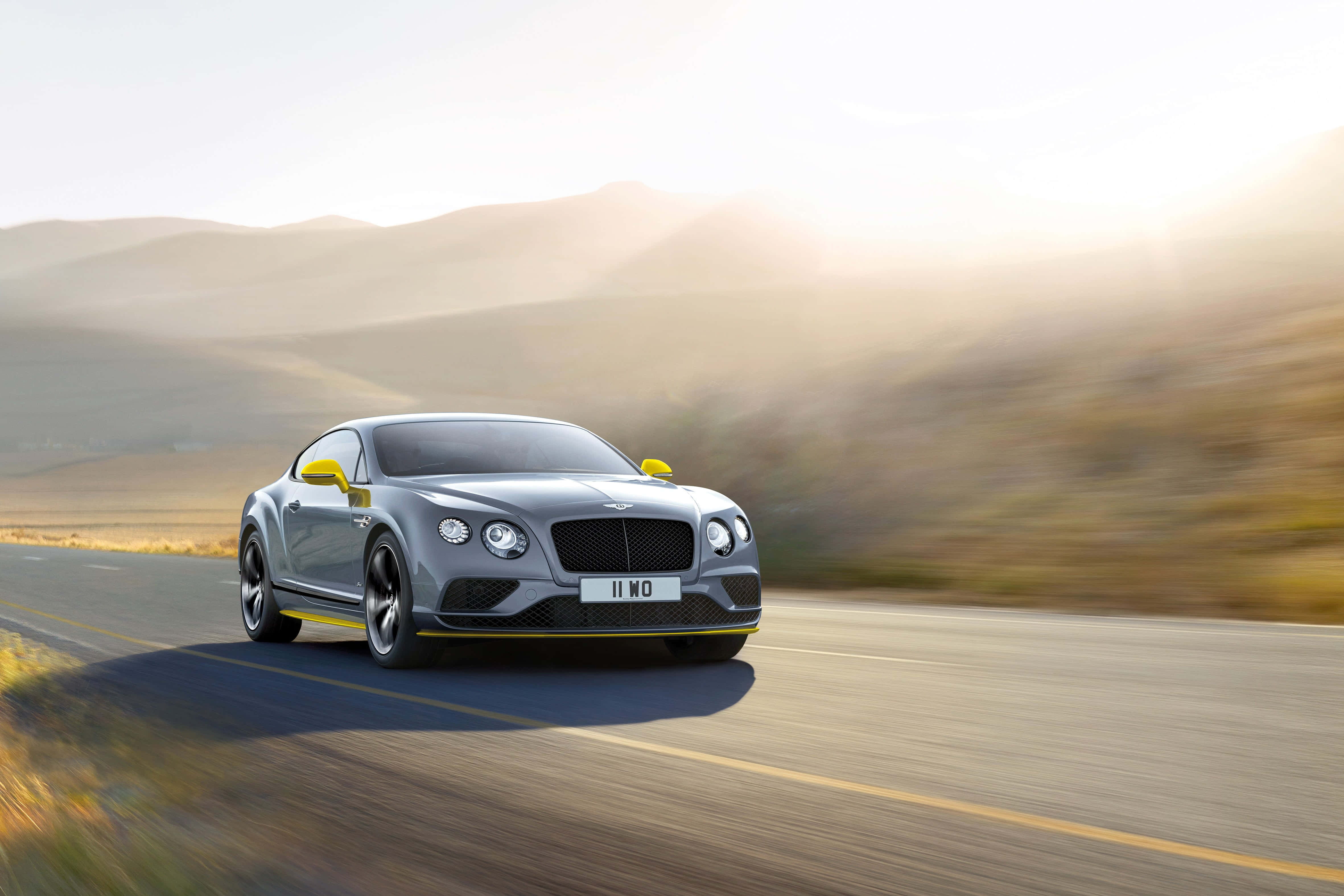 Bentley Continental GT, silver, sunlit desert road, 4K Desktop Wallpaper