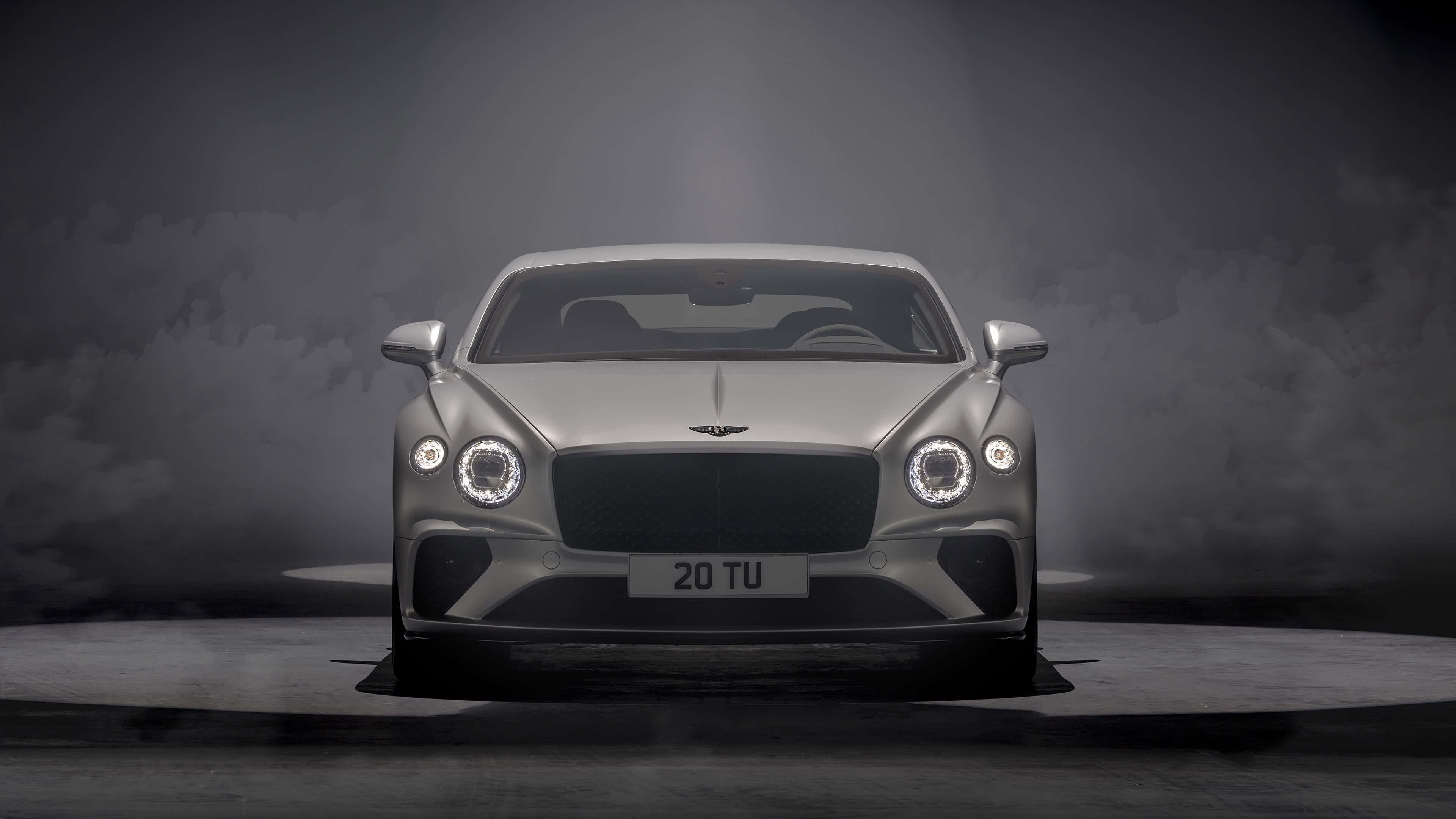 Bentley Continental GT, silver, dramatic spotlight, 4K Desktop Wallpaper