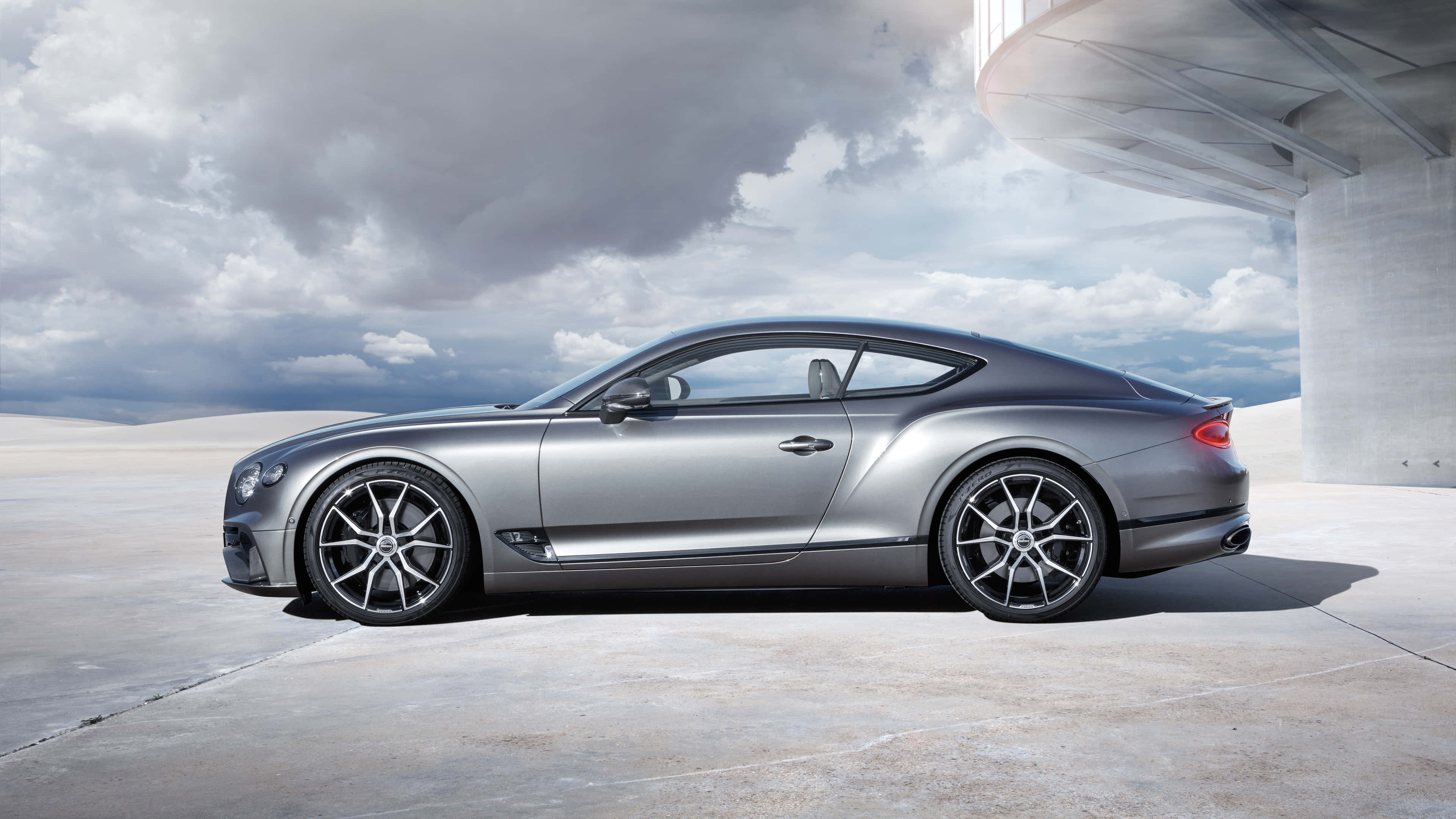 Bentley Continental GT, silver, modern concrete structure, 4K Desktop Wallpaper