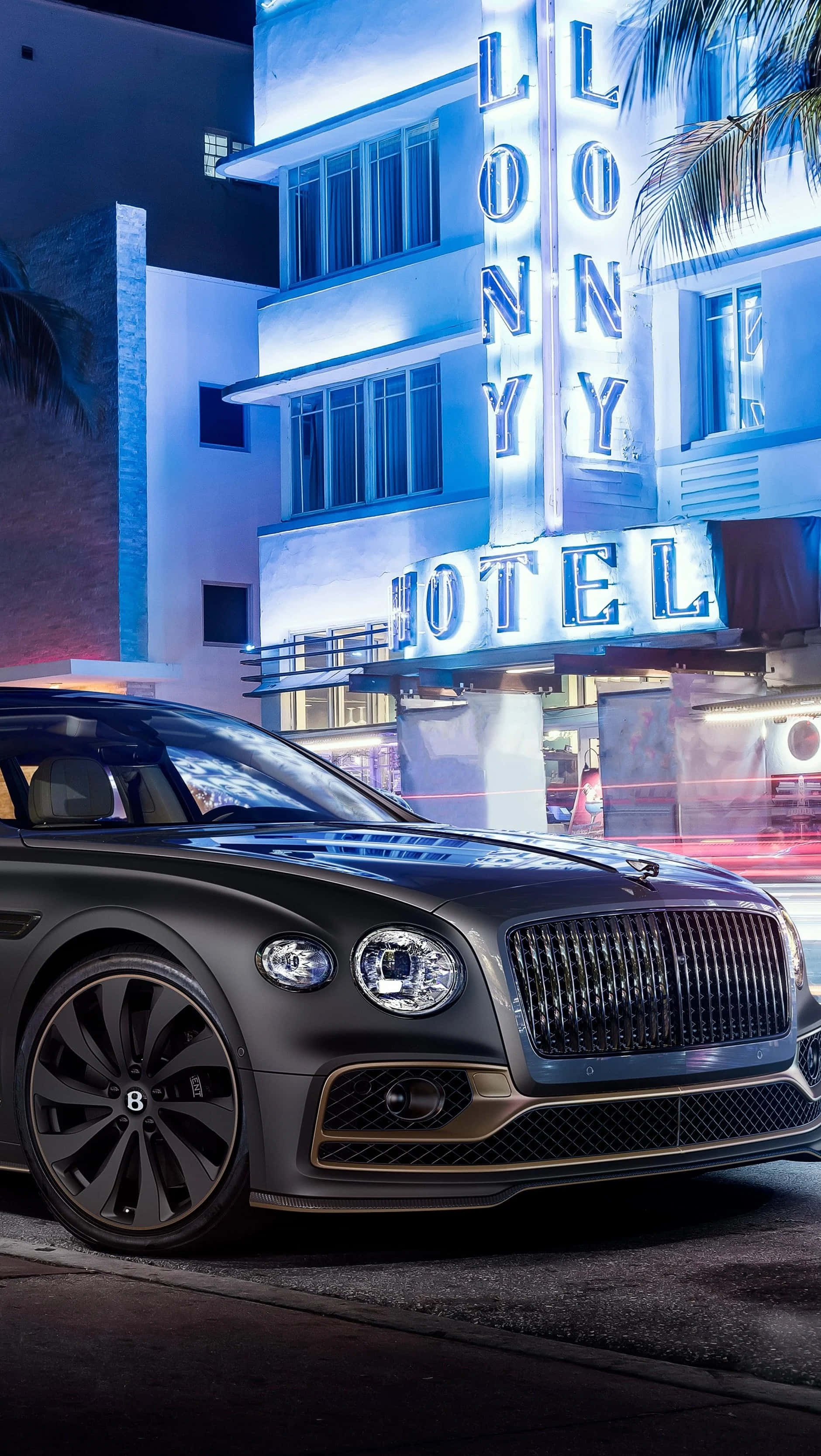 Bentley Flying Spur, matte black, night, 2K Phone Wallpaper