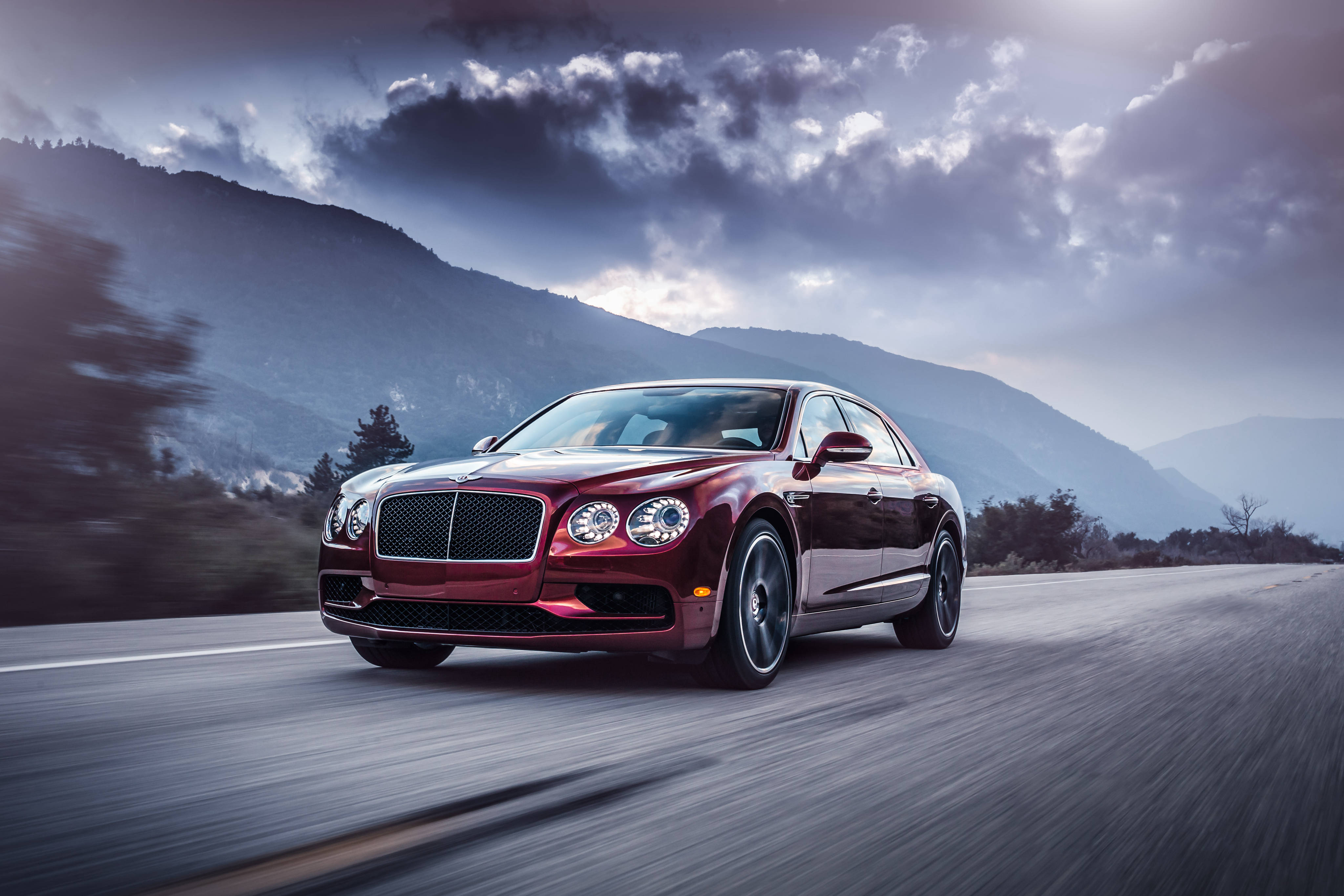Bentley Flying Spur, maroon, mountain road, 4K Desktop Wallpaper