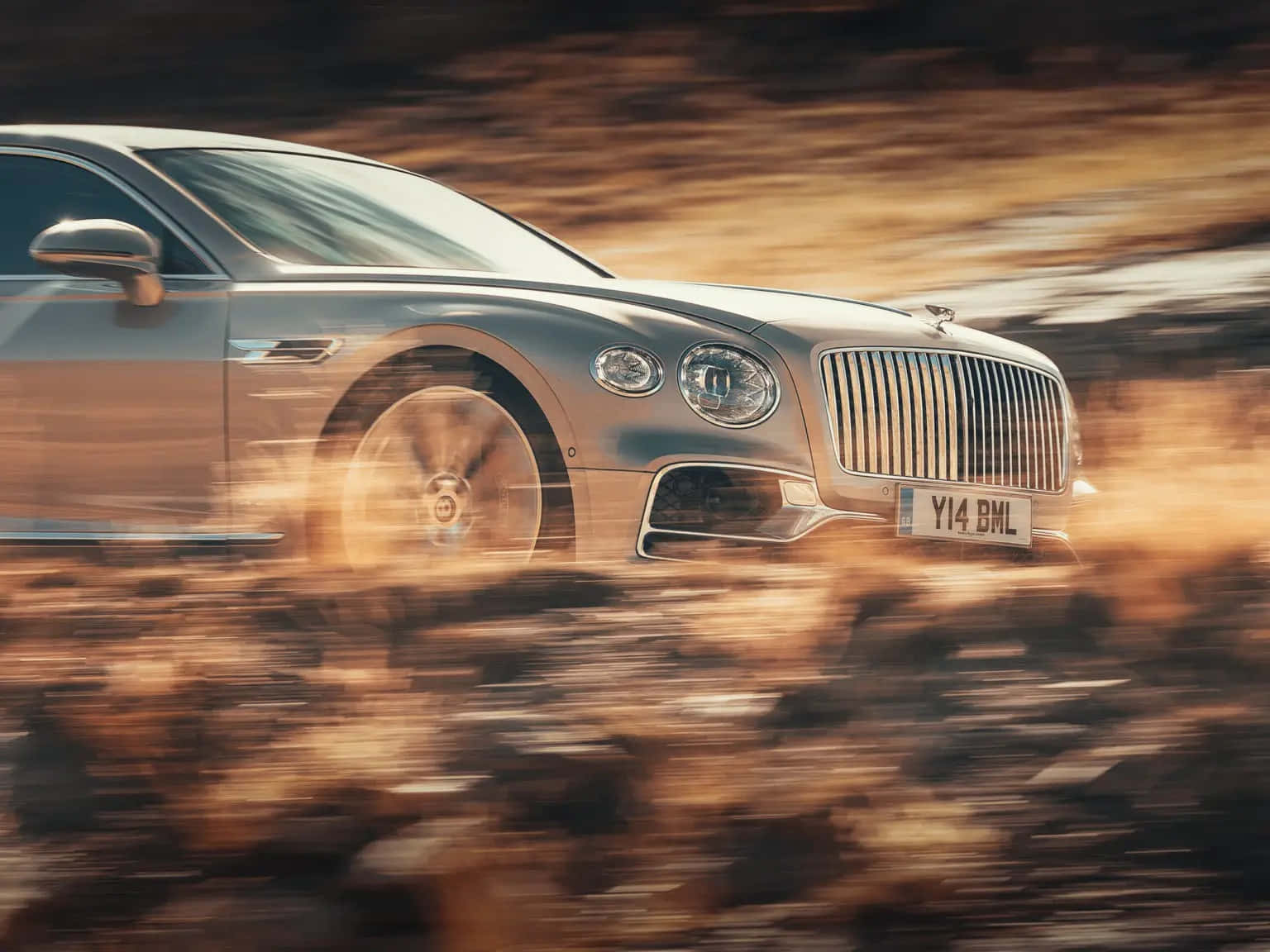 Bentley Flying Spur, silver, golden-hued desert landscape, HD Desktop Wallpaper