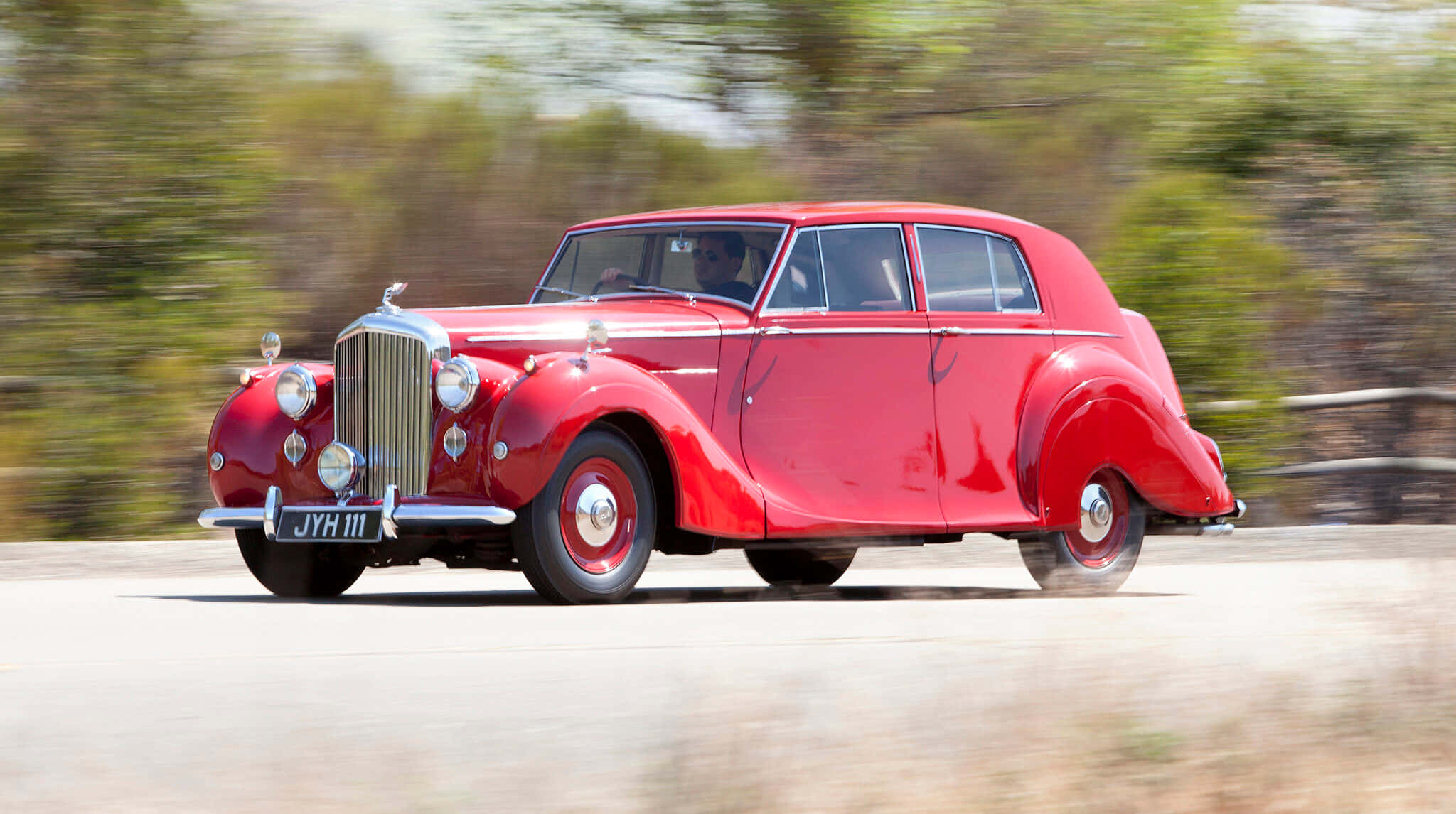 Bentley Mark Vi, vibrant red, sunlit road, Full HD Desktop Wallpaper