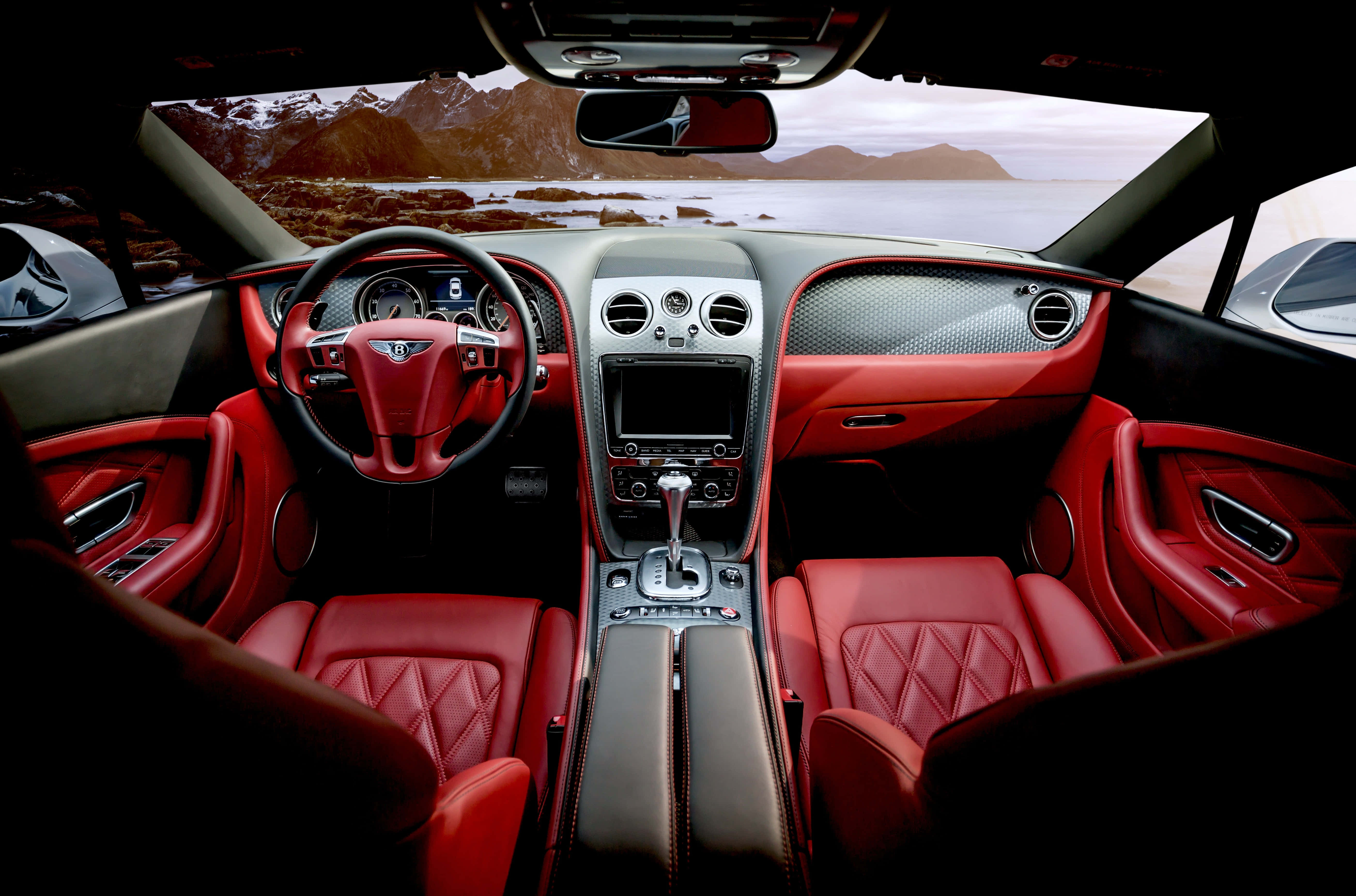 Bentley, red leather seats, black dashboard, 5K Desktop Wallpaper