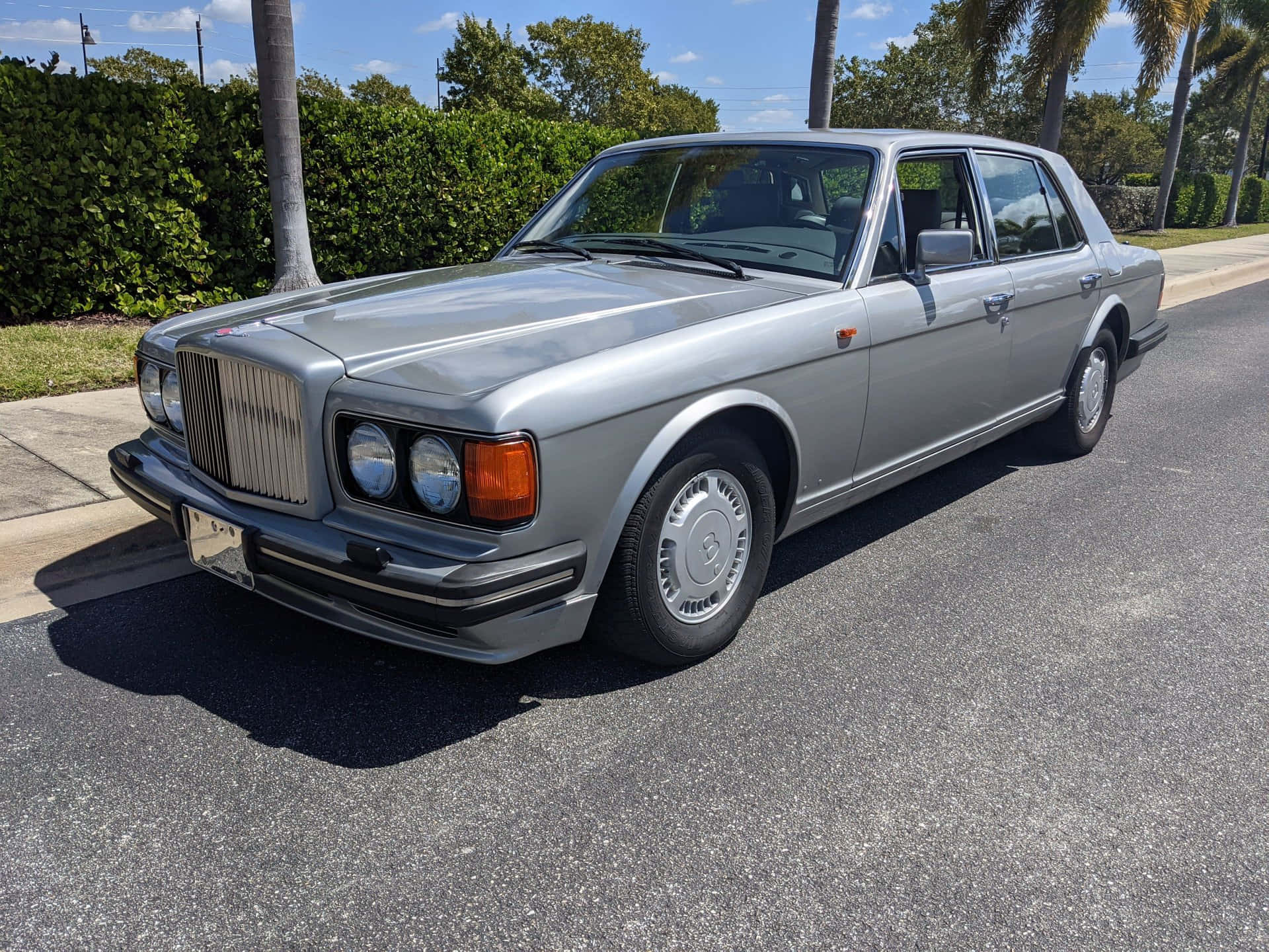Silver Bentley Turbo R, sunny street, palm trees, Full HD Desktop Wallpaper