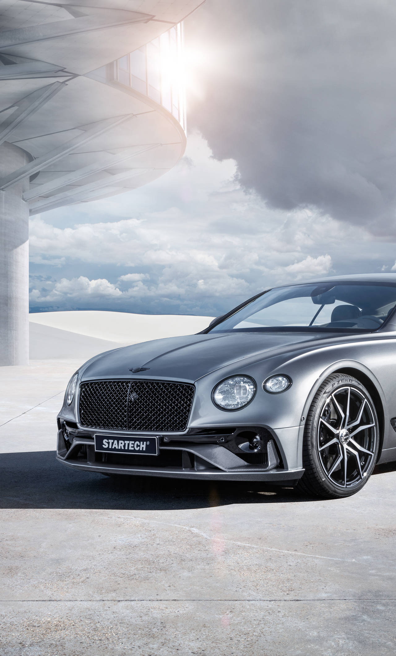 Silver Bentley, Startech modifications, modern concrete structure, Full HD Phone Wallpaper
