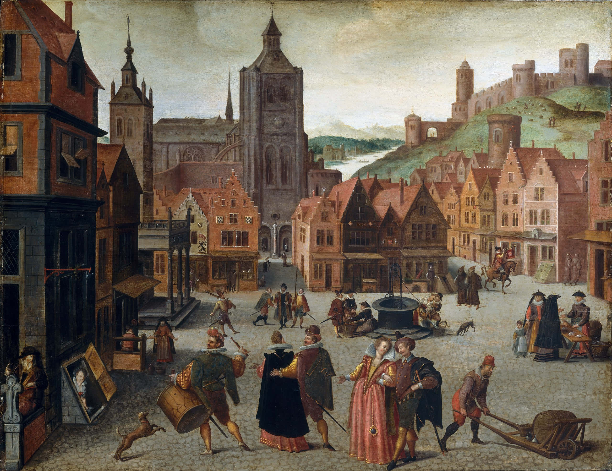 Bergen Op Zoom, 16th-century European town square, market stalls, 2K Desktop Wallpaper