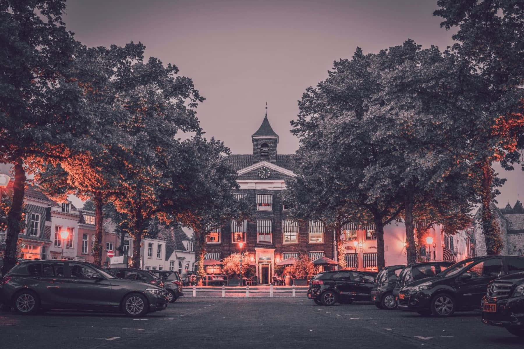 Bergen Op Zoom, twilight town square, trees, HD Desktop Wallpaper