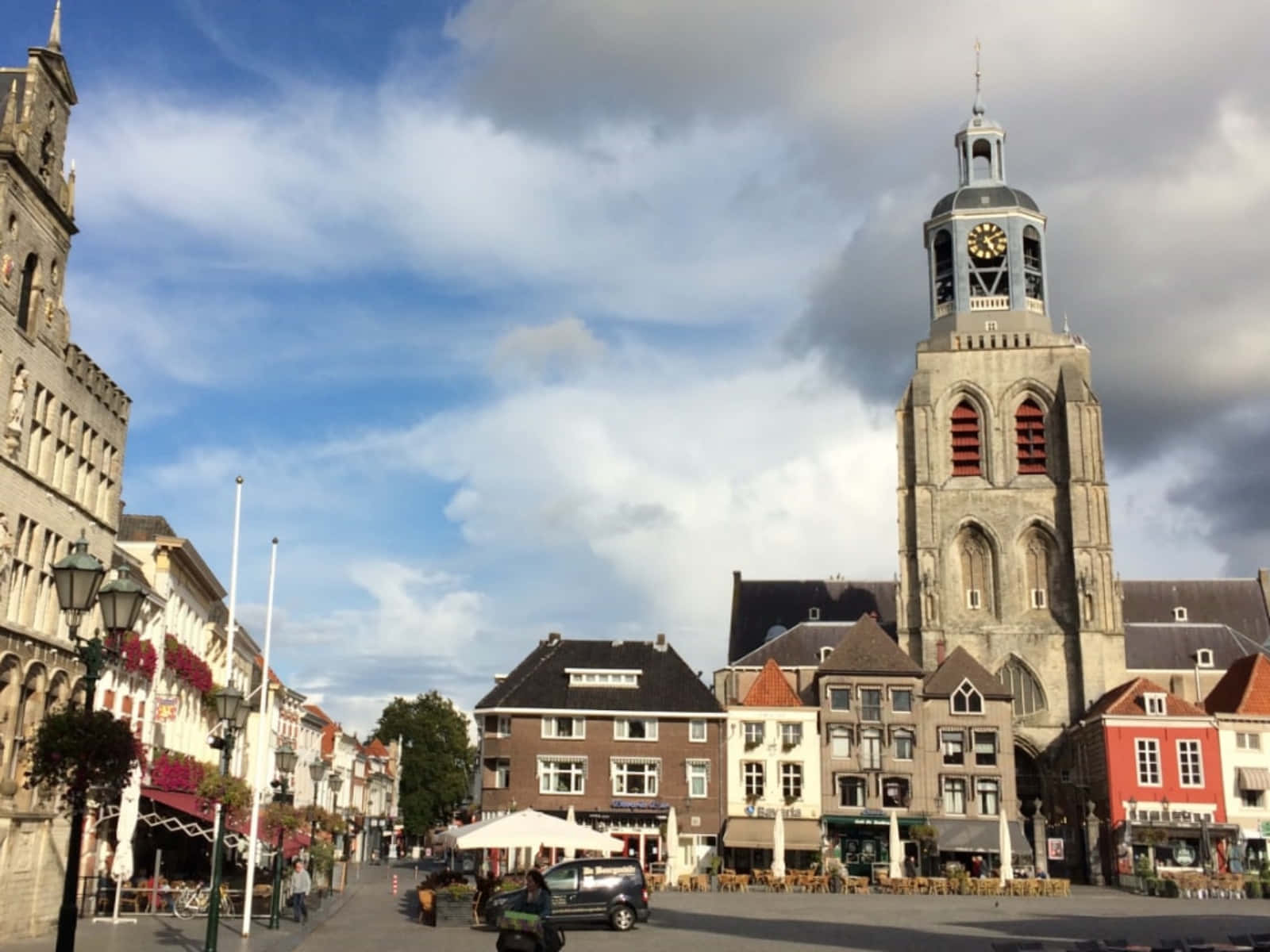 Bergen Op Zoom, town square, stone clock tower, HD Desktop Wallpaper