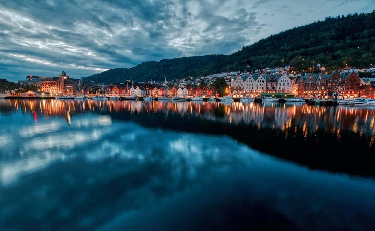 Bergen, stunning sunset, twilight harbor town, HD Desktop Wallpaper