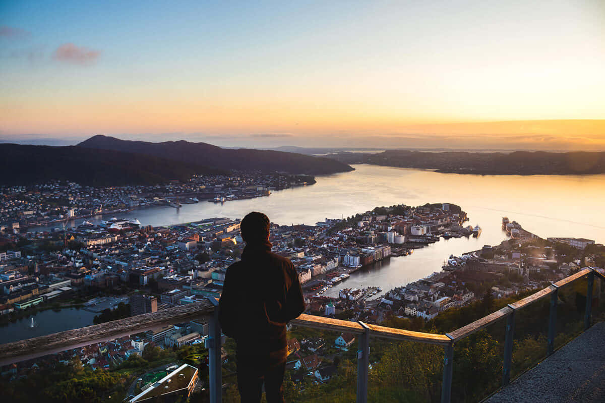 Bergen, sunset, hillside railing, SD Desktop Wallpaper