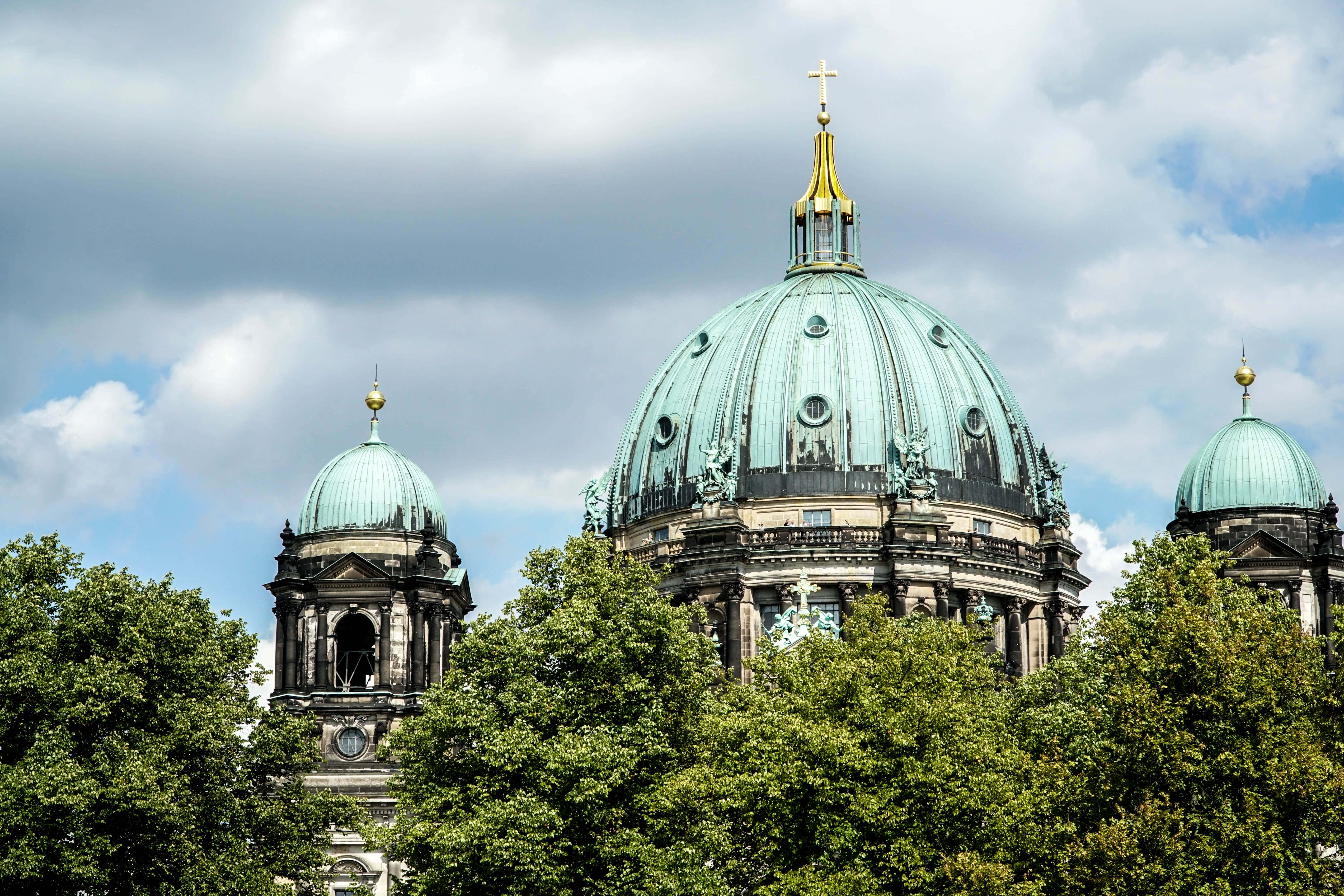 Berlin Cathedral, verdigris domes, golden crosses, 5K Desktop Wallpaper